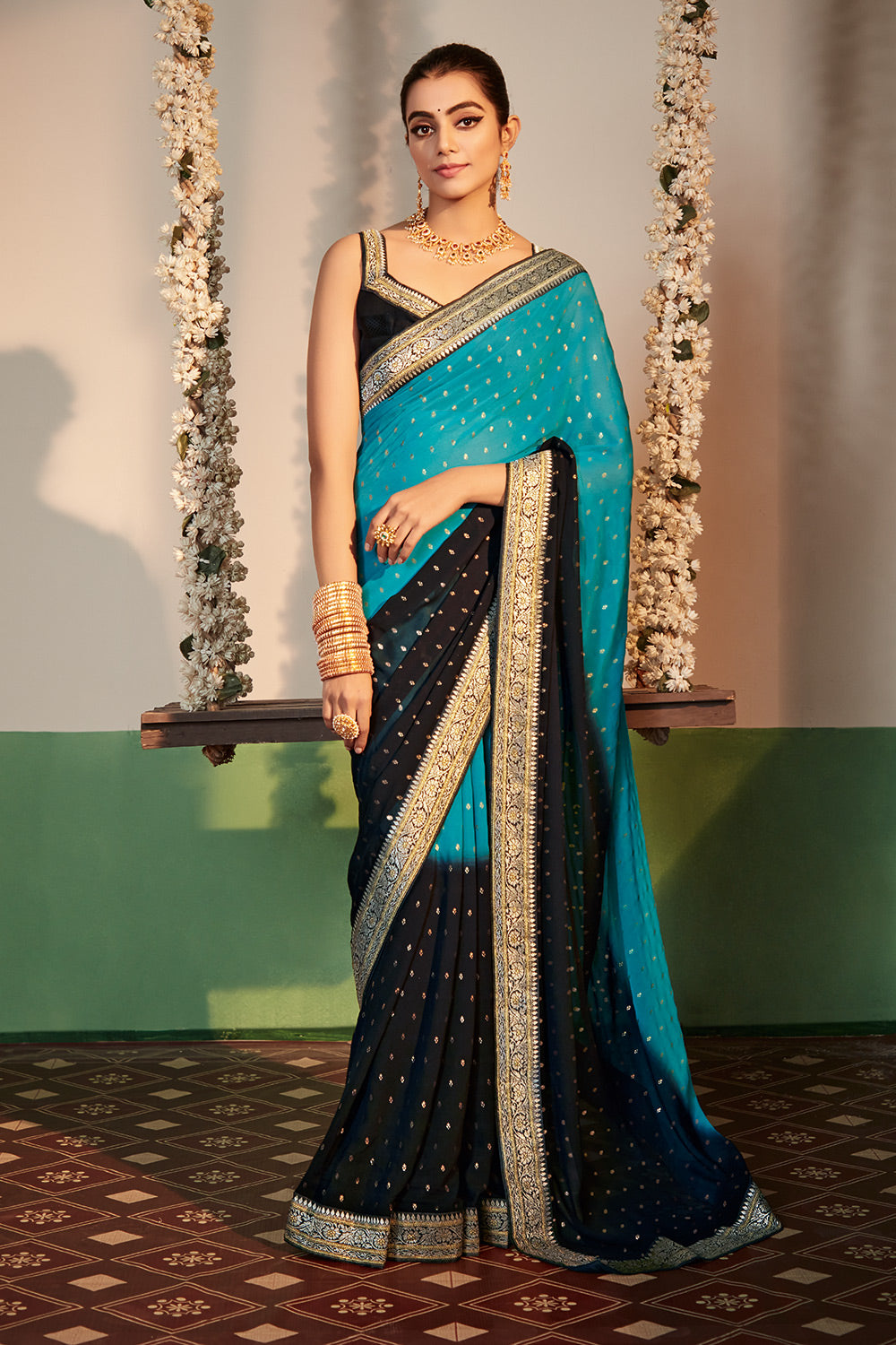 Jade Blue and Black Printed Georgette Saree