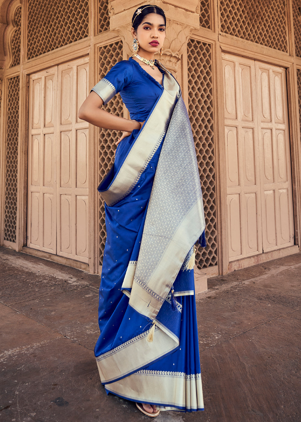 Torea Bay Blue Woven Banarasi Satin Silk Saree