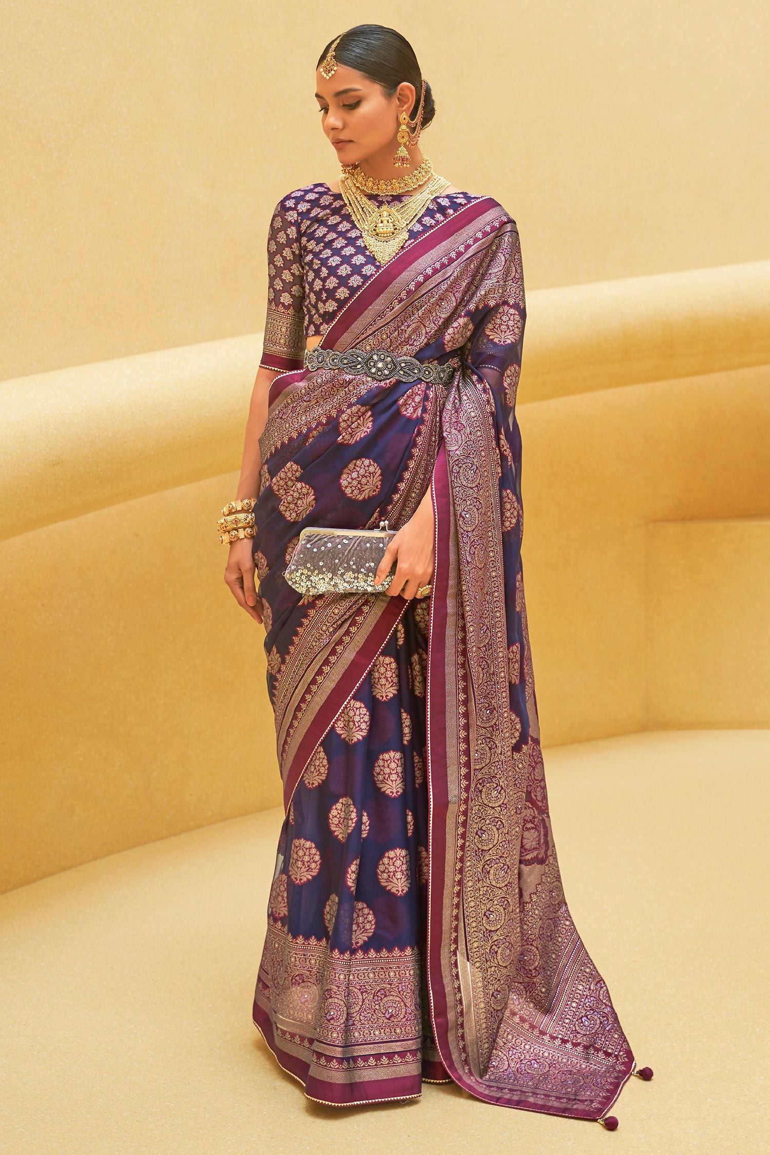 Blackcurrant Purple Zari Woven Brasso Organza Saree