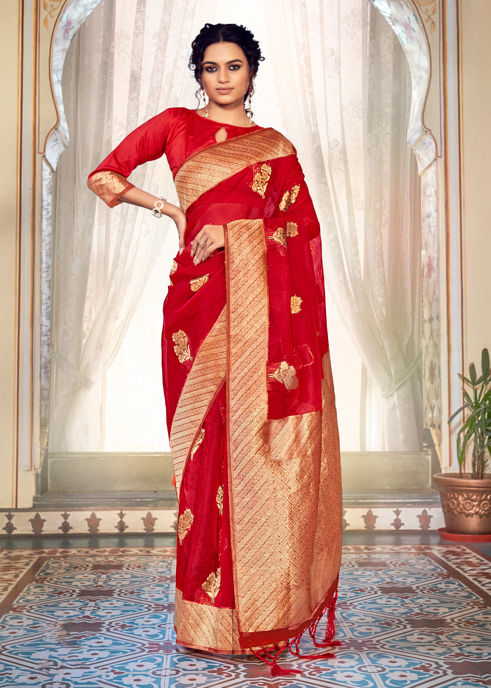 Flame Pea Red Zari Woven Banarasi Organza Saree