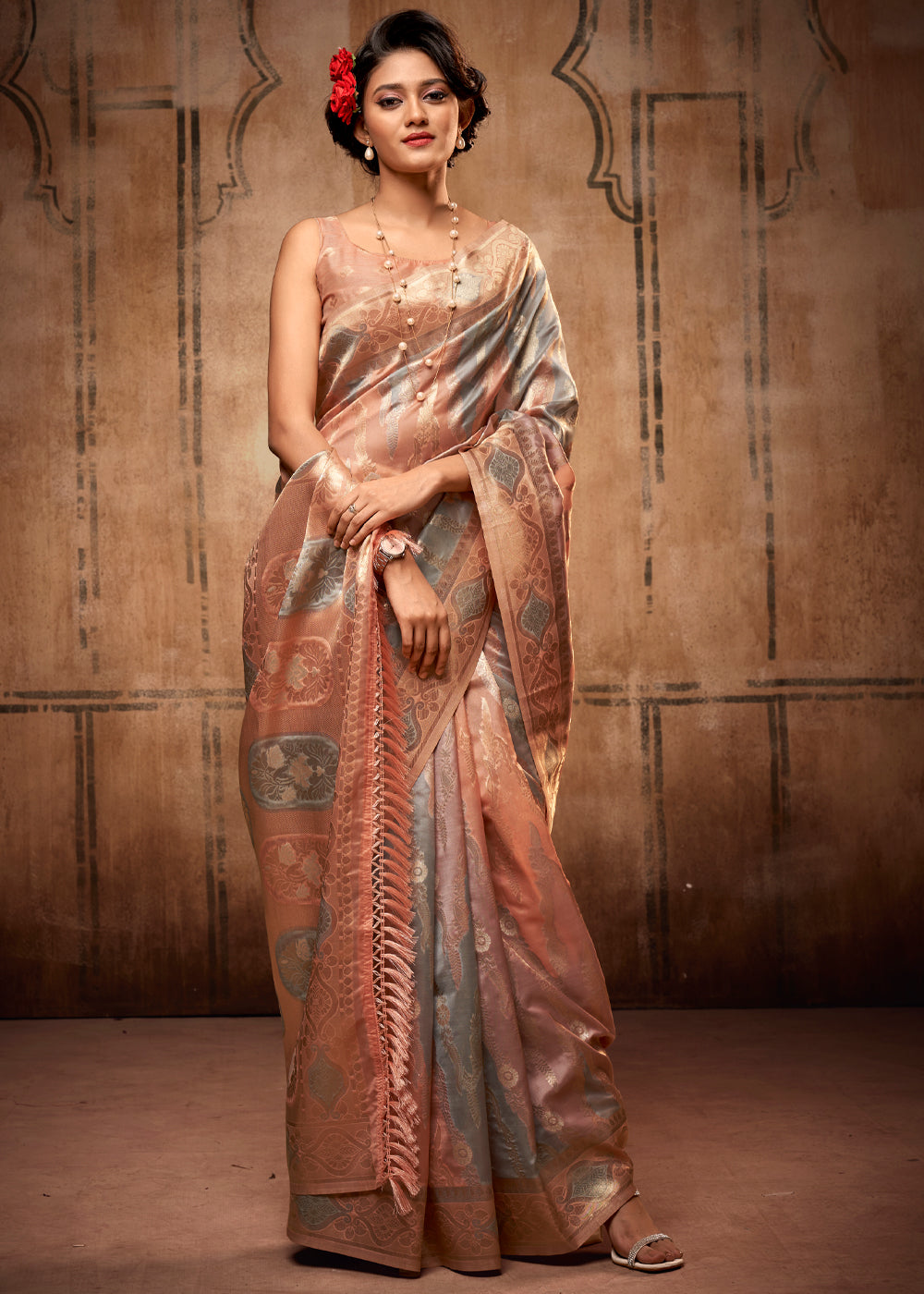 Beaver Grey and Peach Zari Woven Banarasi Organza Saree