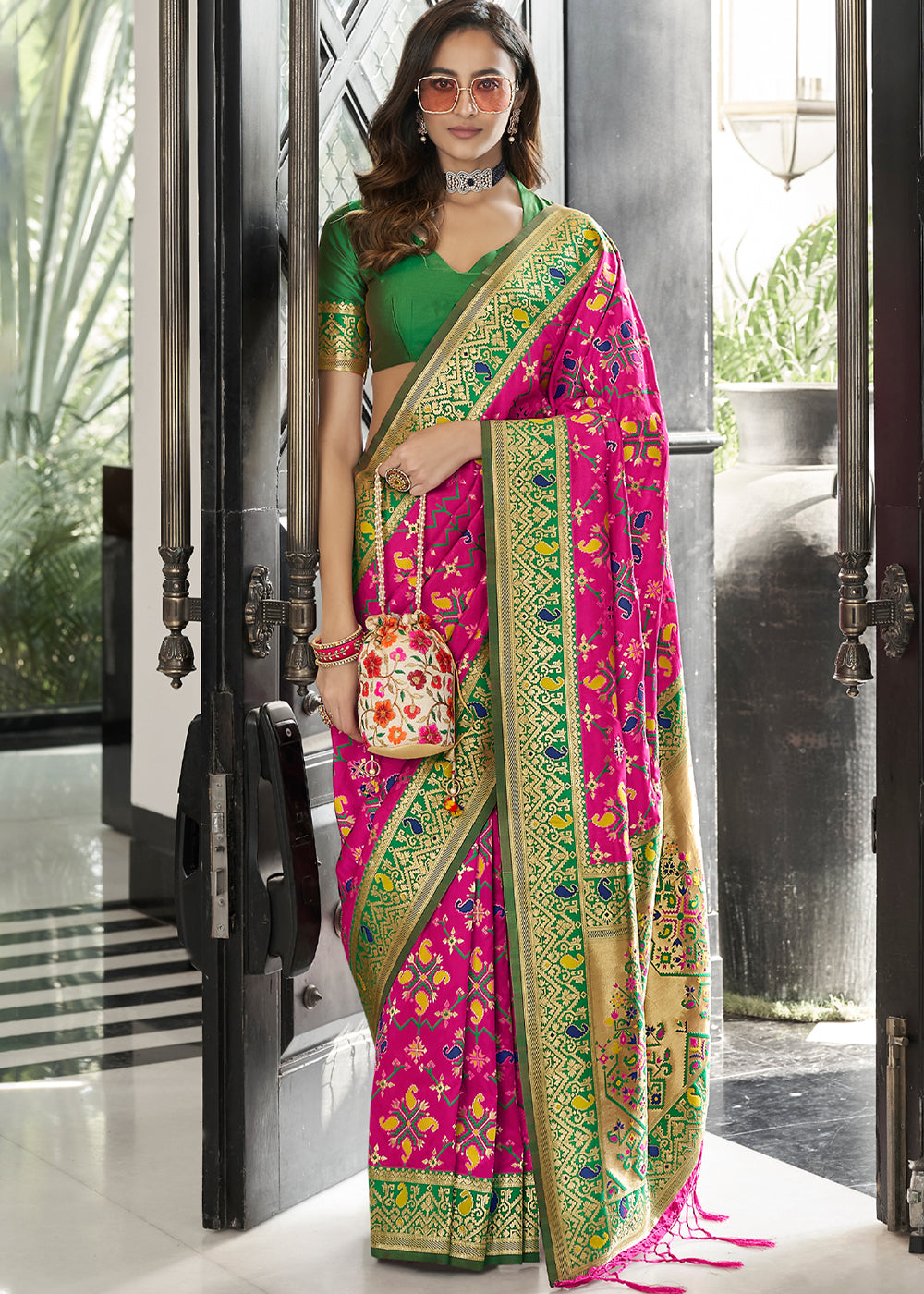 Bittersweet Pink and Green Zari Woven Banarasi Patola Saree