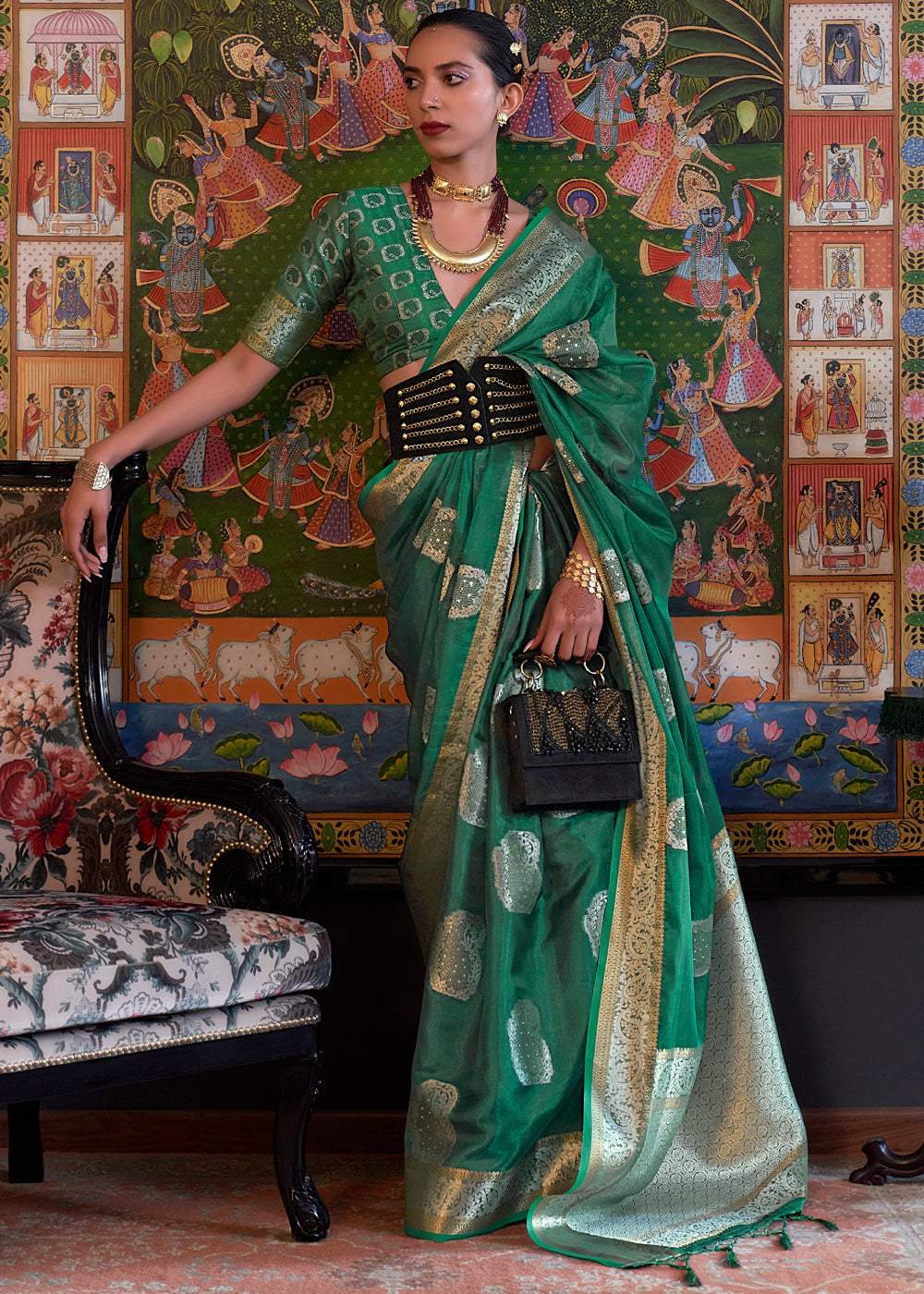 Polished Pine Green Woven Banarasi Organza Silk Saree