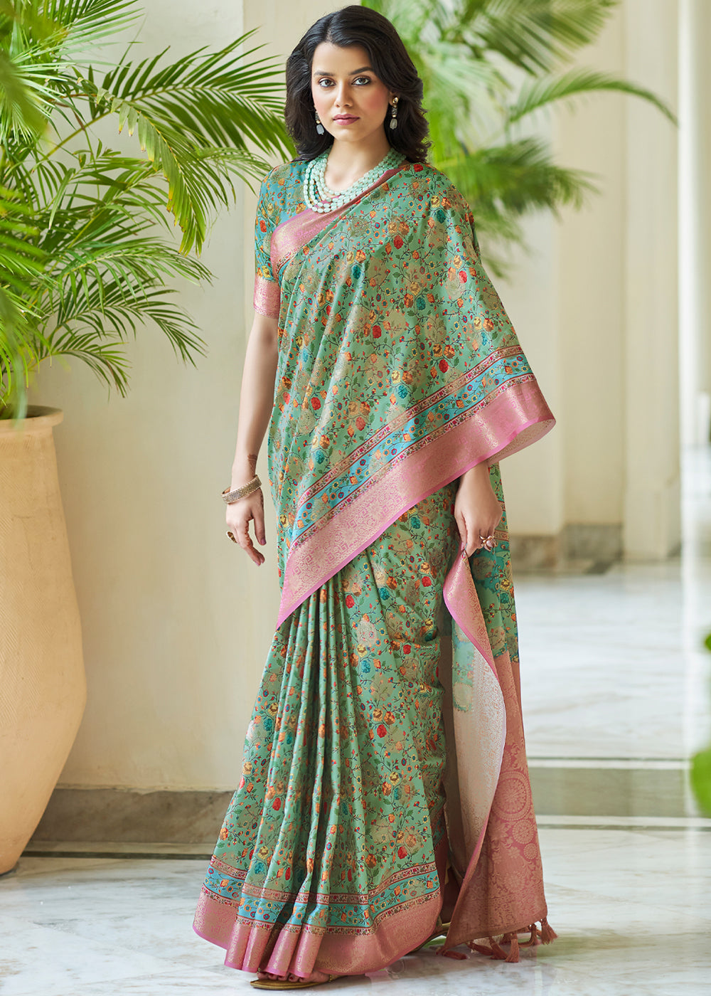 Amulet Green Banarasi Saree with Jamewar Print