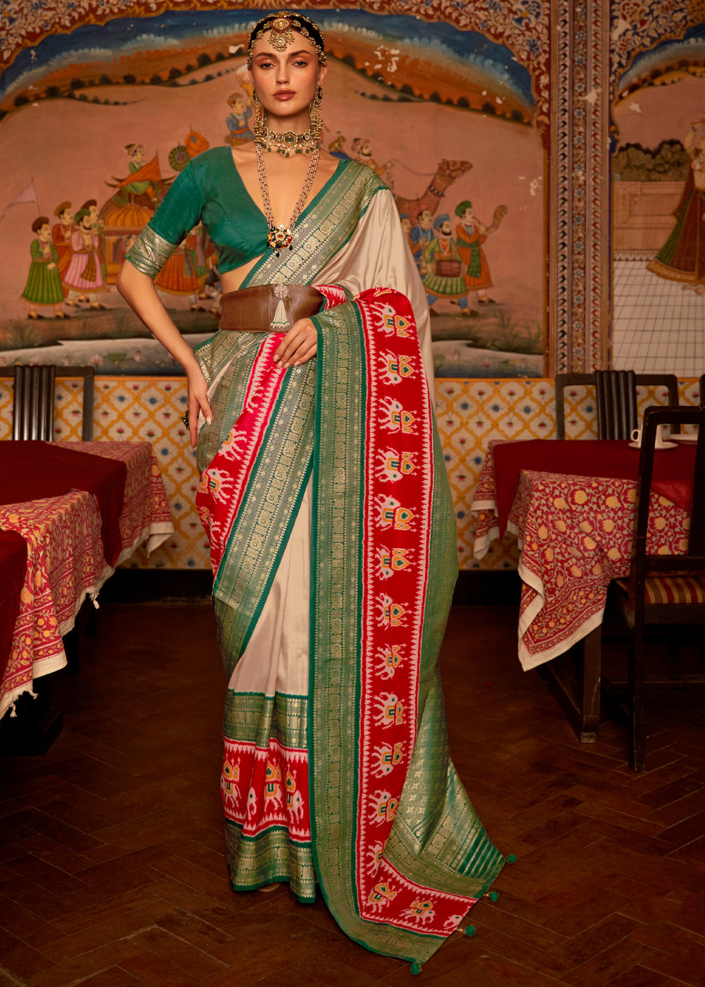 Brandy Beige and Green Banarasi Patola Saree