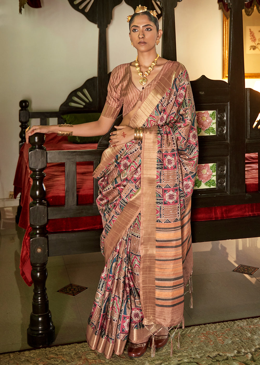 Brandy Rose Pink and Brown Designer Printed Silk Saree