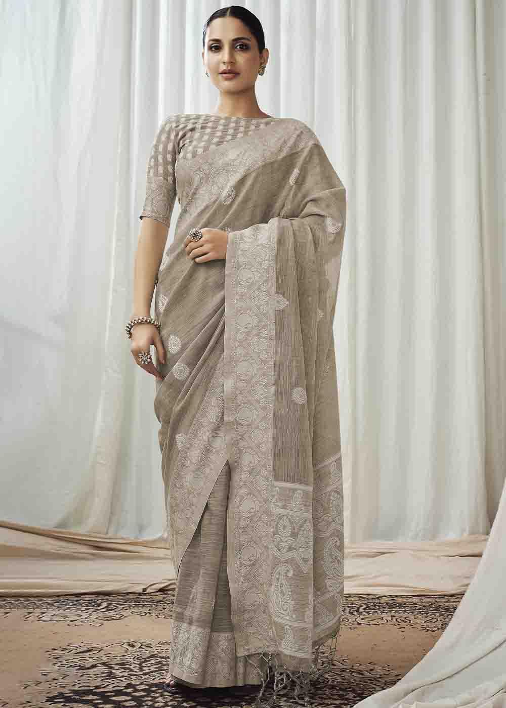 Crocodile Grey Chikankari Linen Saree