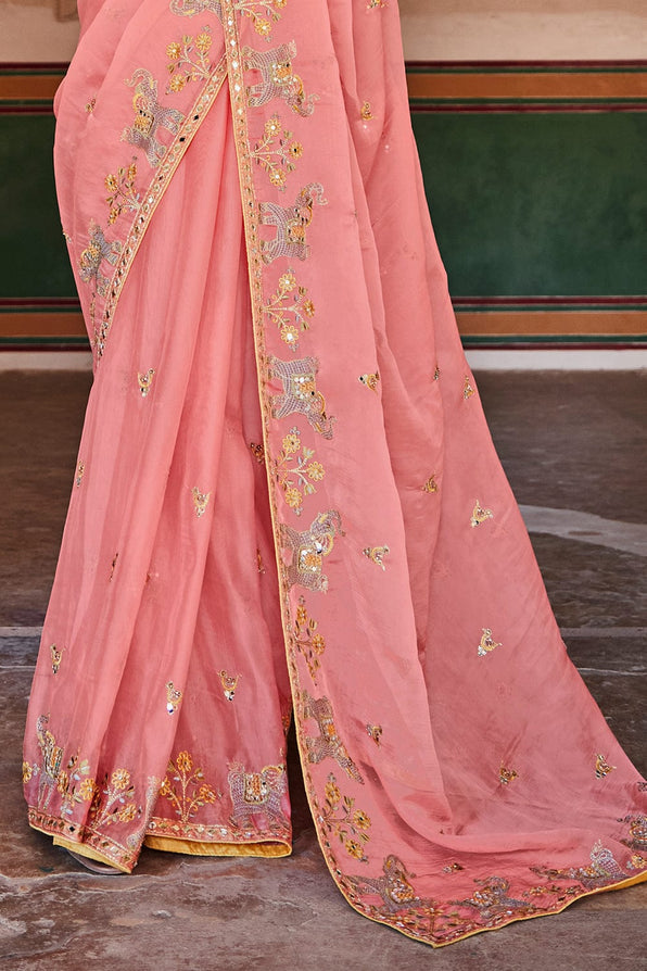 Sweet Pink and Yellow Organza Saree