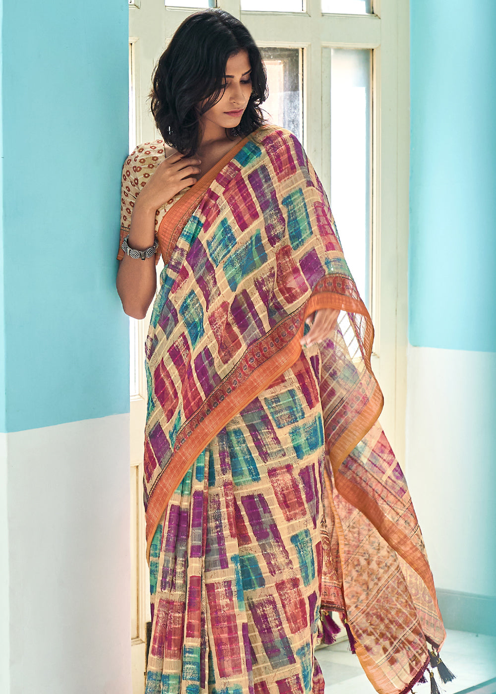 Tan Cream Multicolor Printed Linen Saree