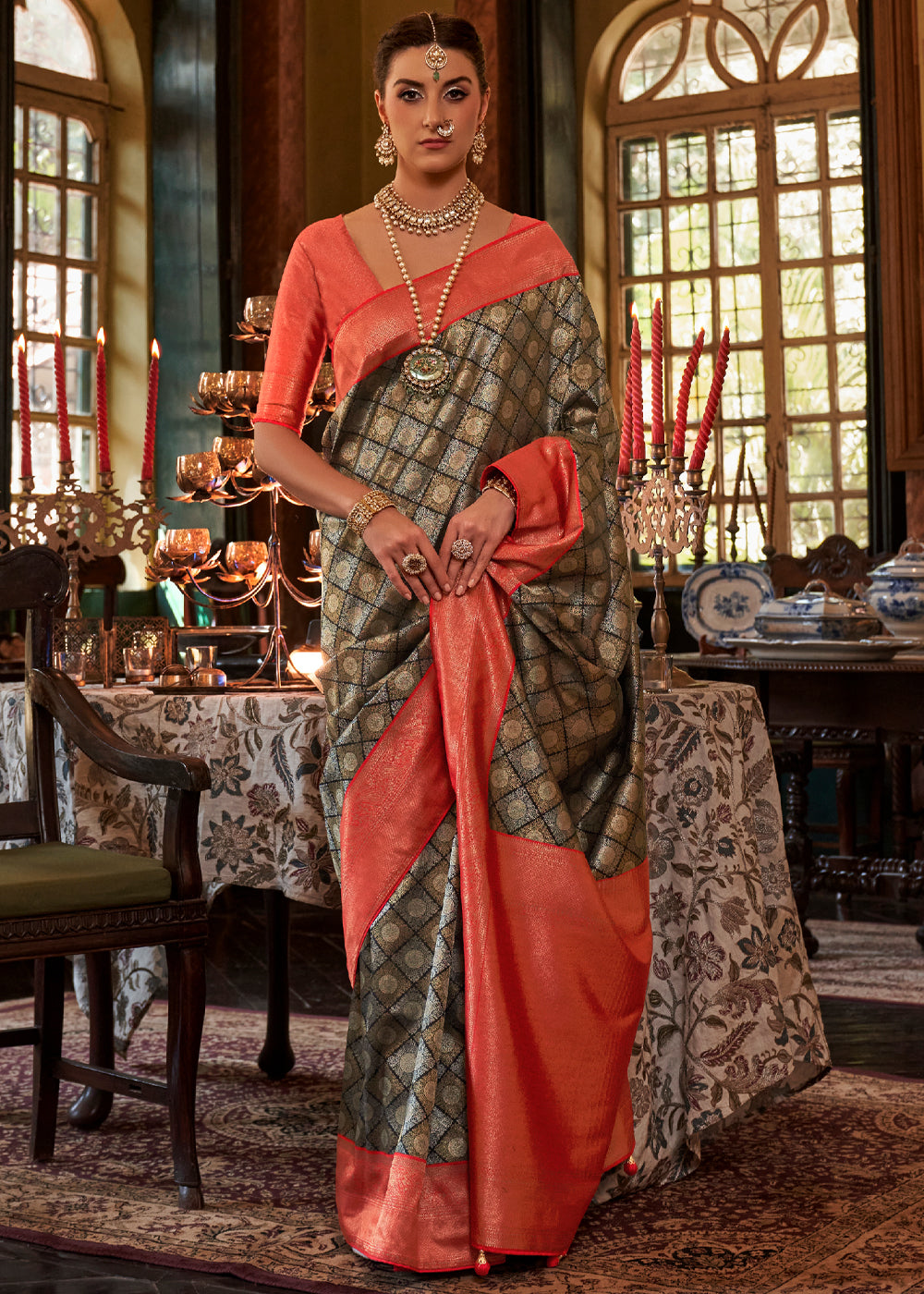 Quincy Black and Red Woven Kanjivaram Saree