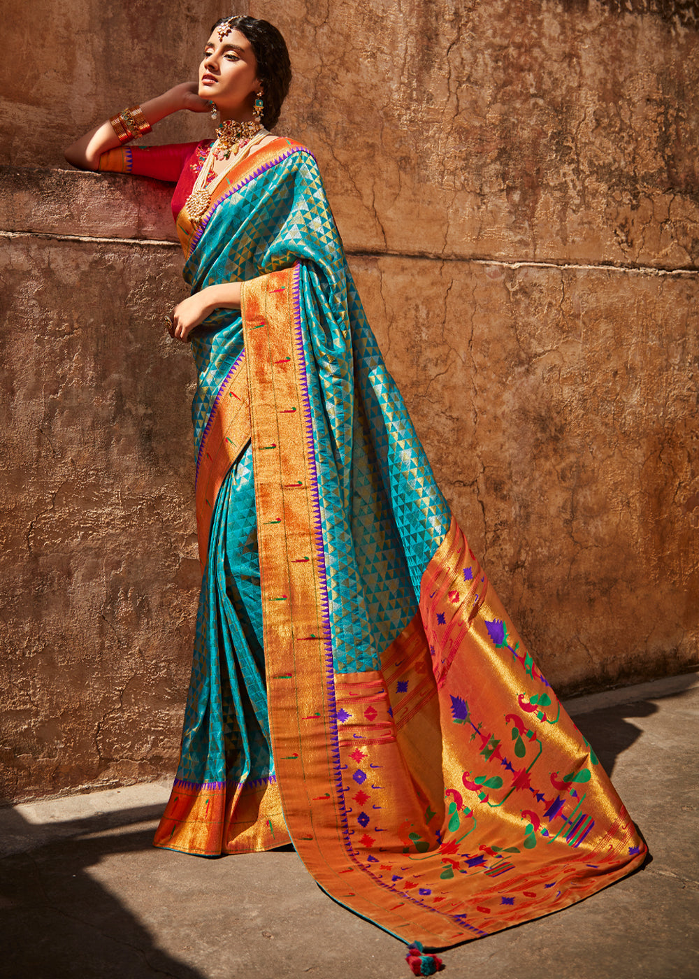 Malachite Blue and Red Zari Woven Designer Banarasi Saree