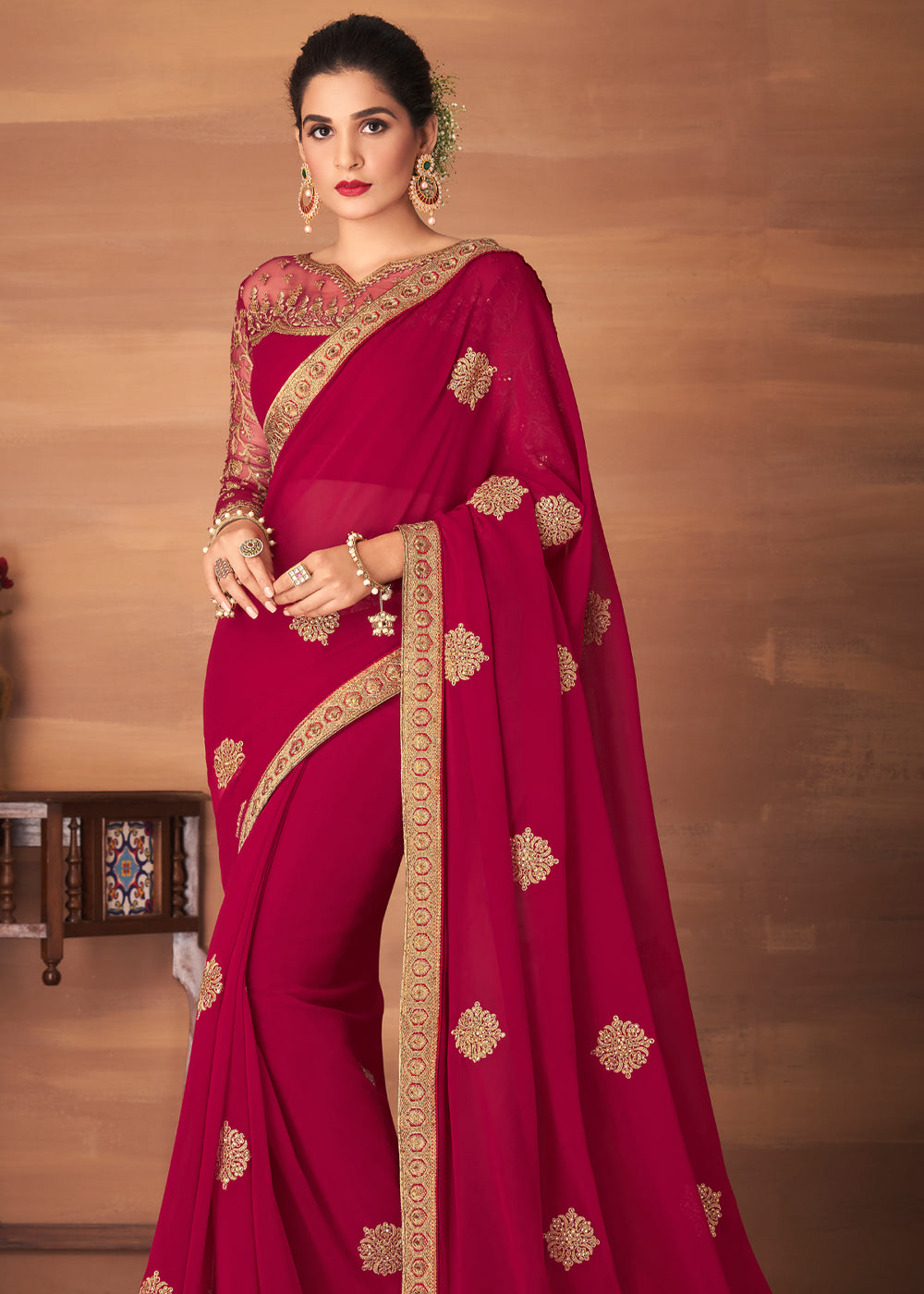 Sweet Brown Maroon Designer Saree with Embroidered Blouse