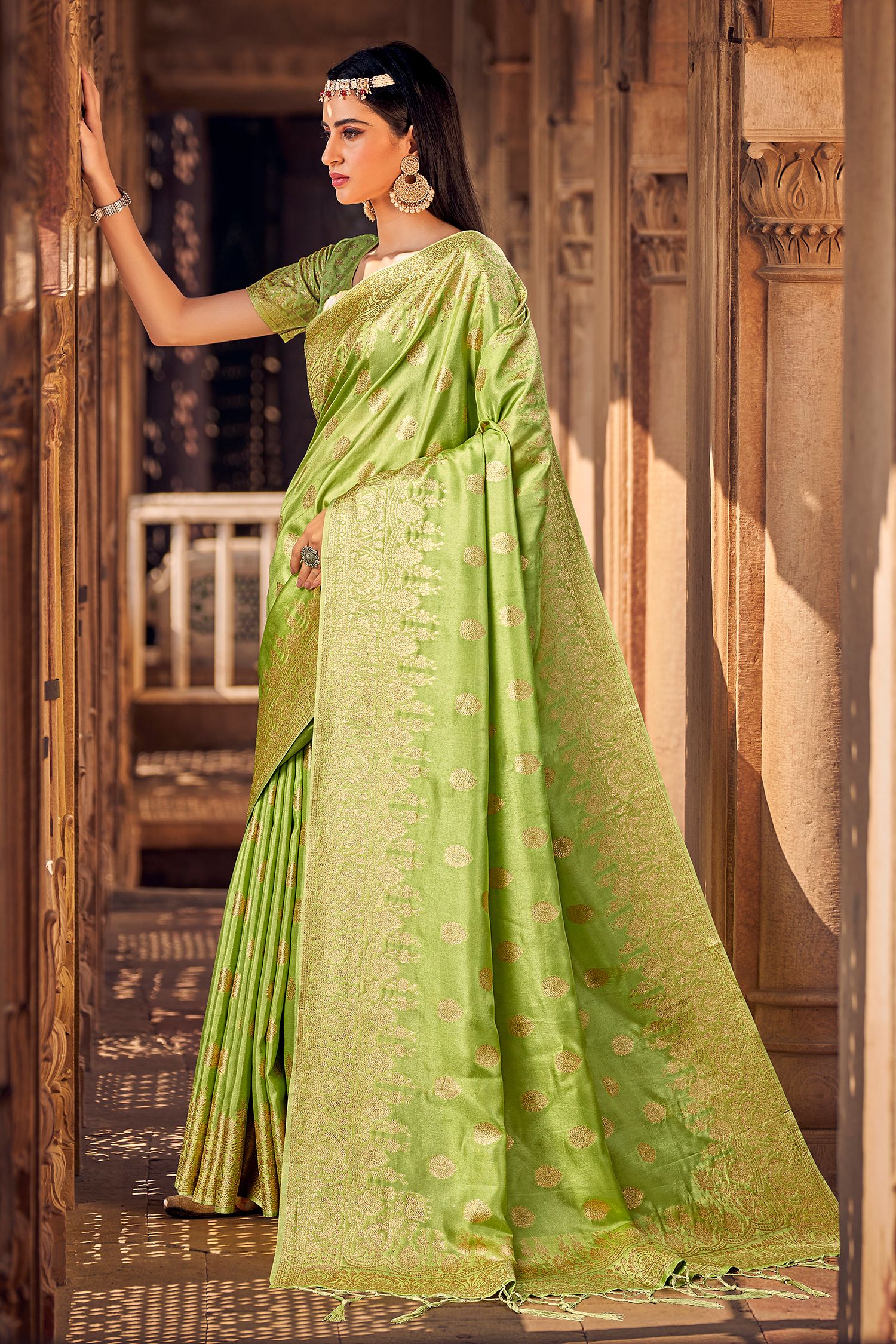 Sycamore Green Banarasi Woven Silk Saree