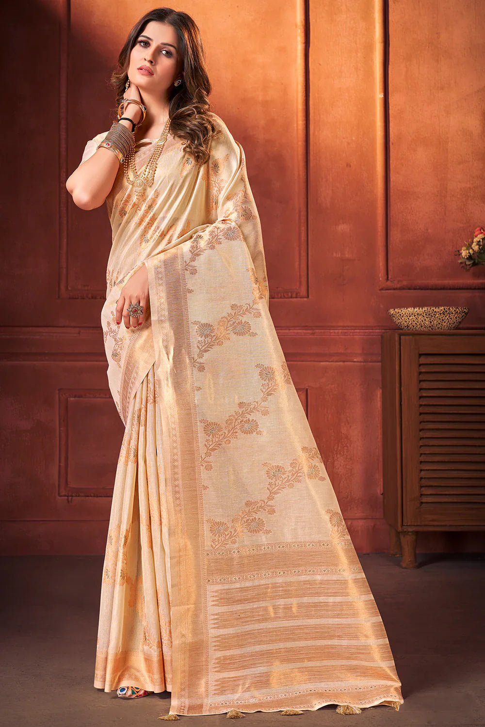 Brandy Cream Cotton Tissue Silk Saree