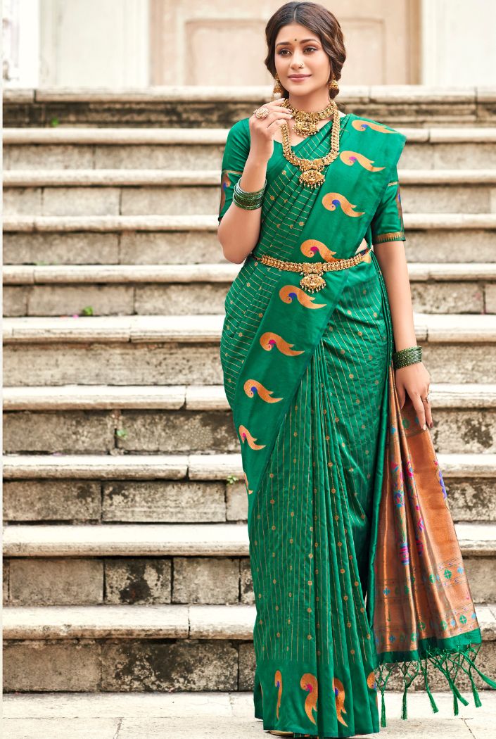 Viridian Green Woven Paithani Silk Saree