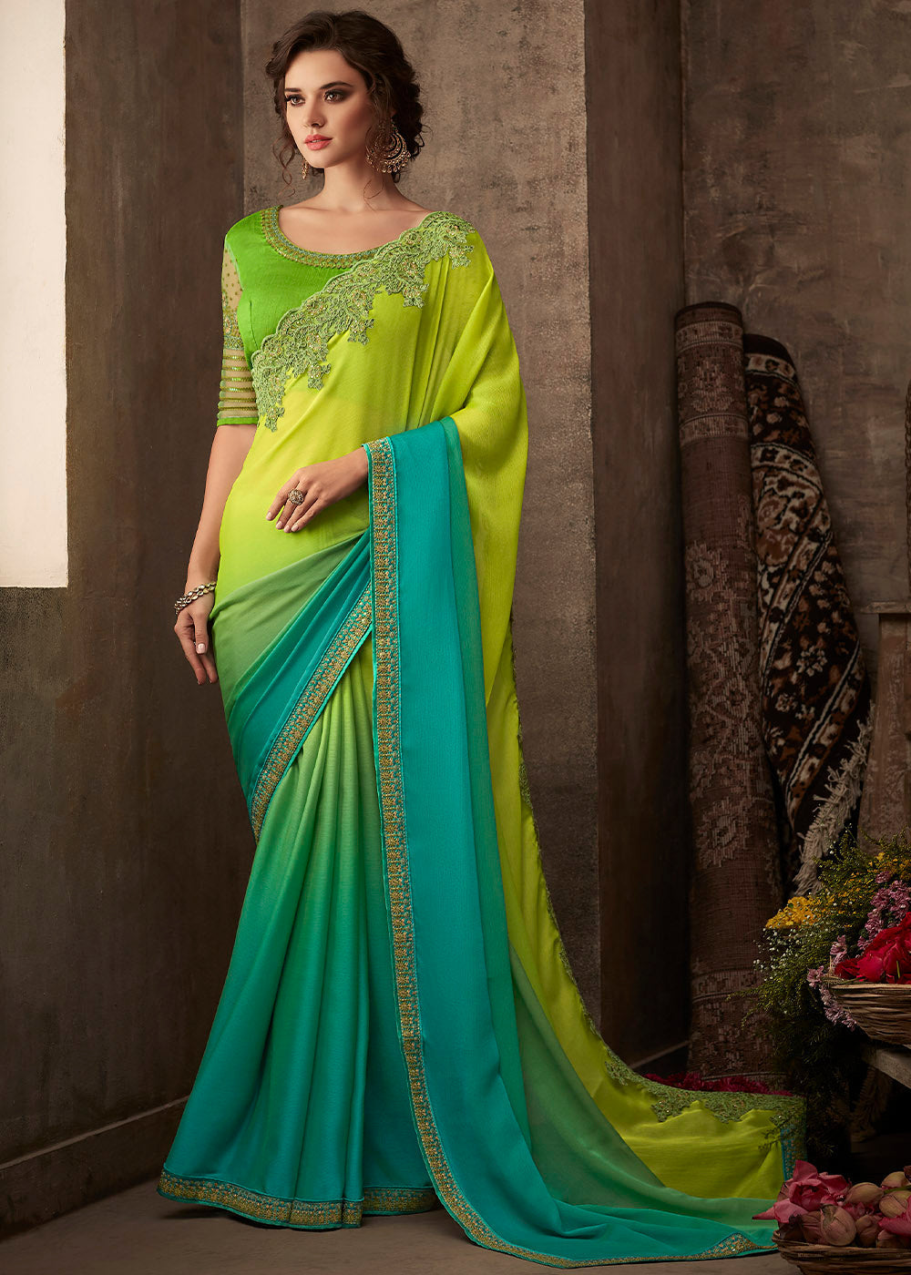 Christi Green and Blue Embroidered Chiffon Designer Saree