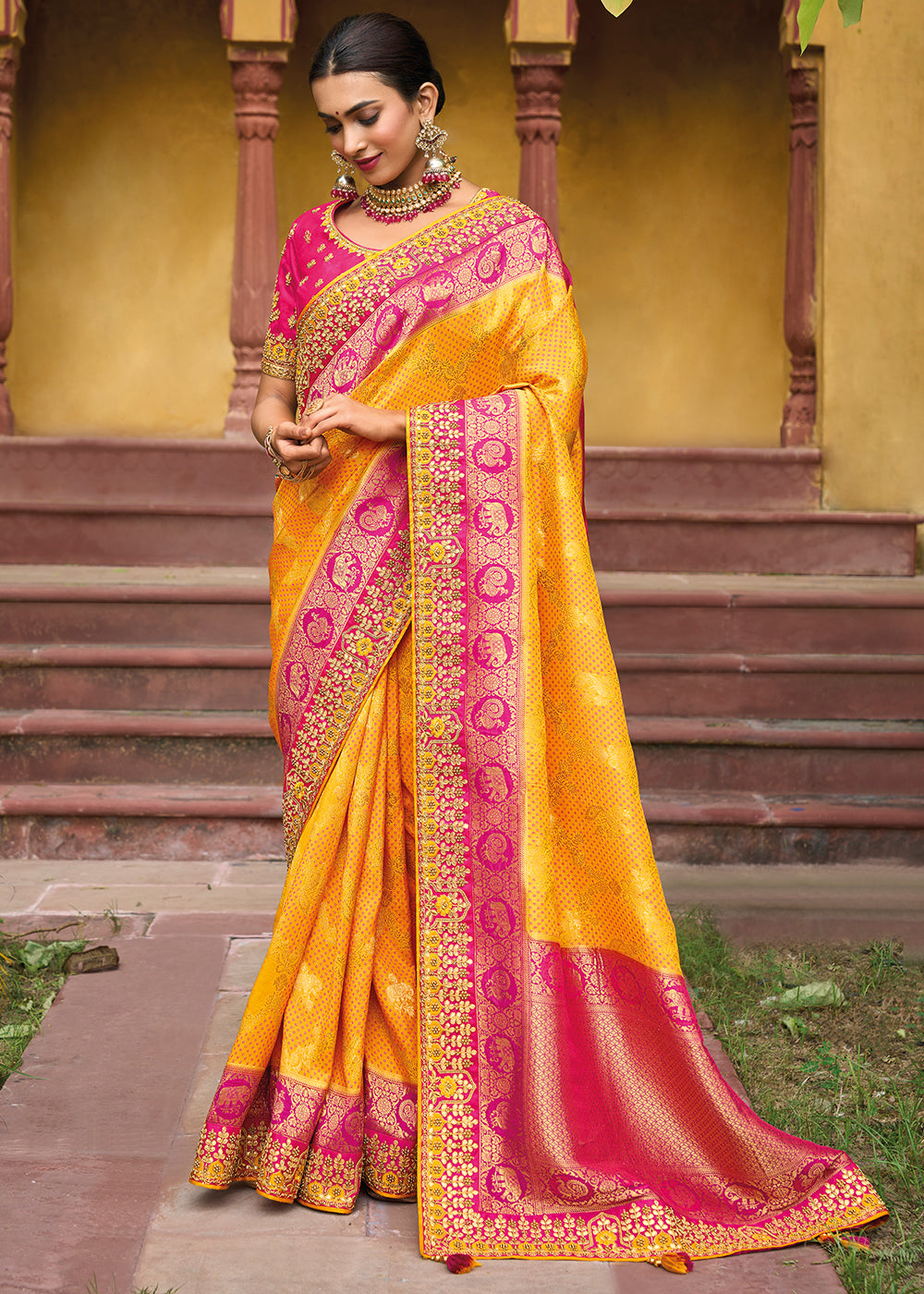 Sea Yellow and Pink Embroidered Dola Silk Saree