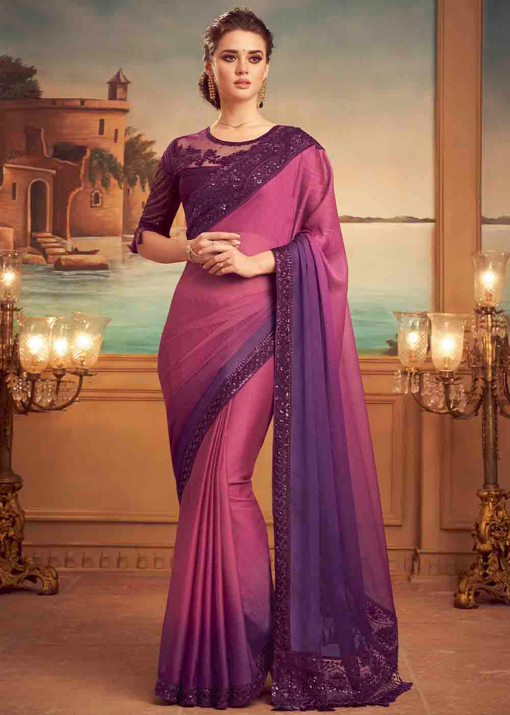 Camelot Pink Purple Embroidered Satin Silk Designer Saree