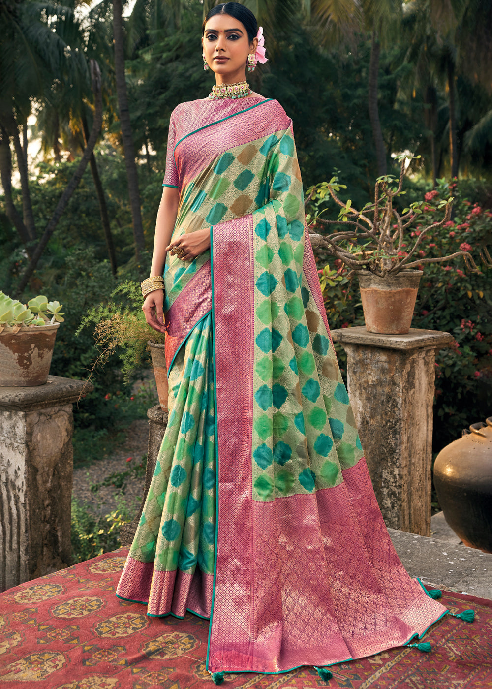 Asparagus Green Woven Organza Banarasi Silk Saree