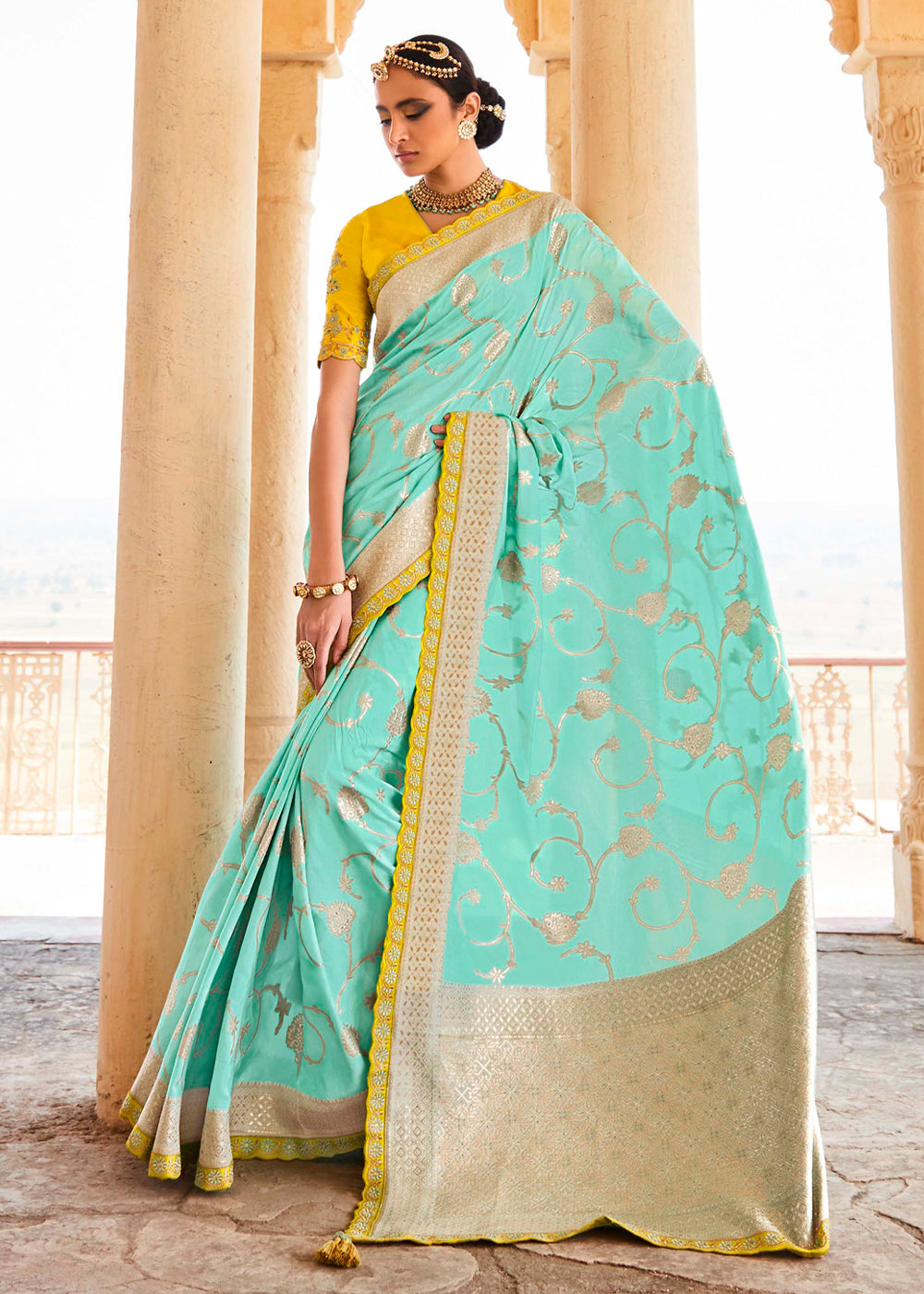 Riptide Blue and Yellow Zari Woven Designer Banarasi Saree