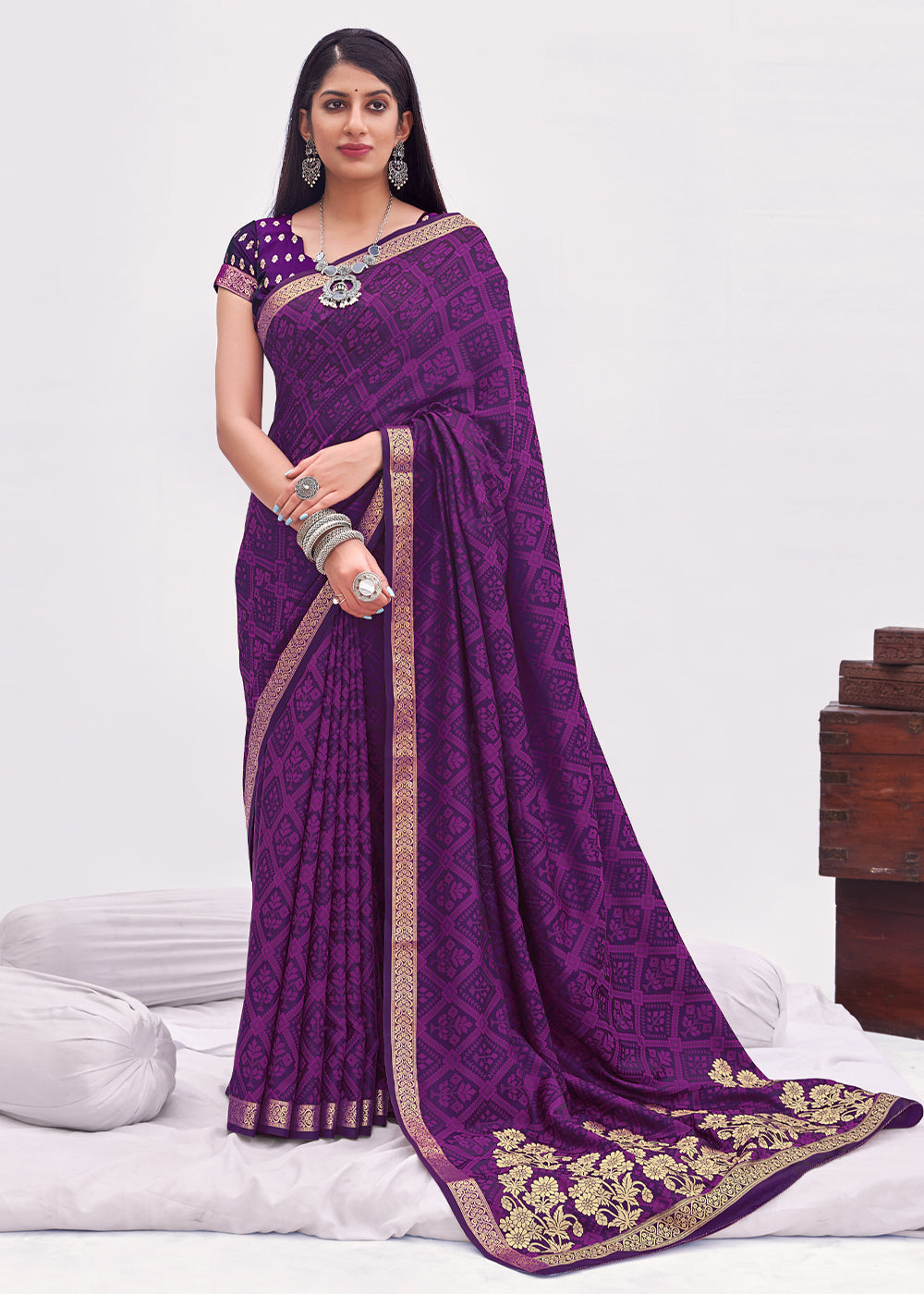 Grape Purple Zari Woven Banarasi Satin Saree