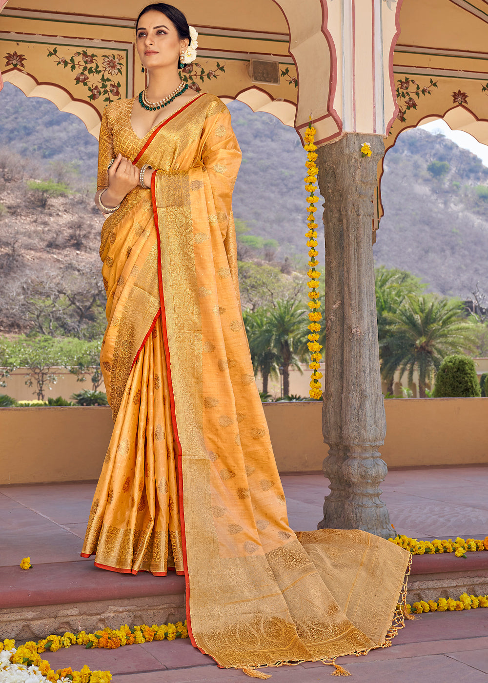 Sandy Yellow Zari Woven Banarasi Linen Saree