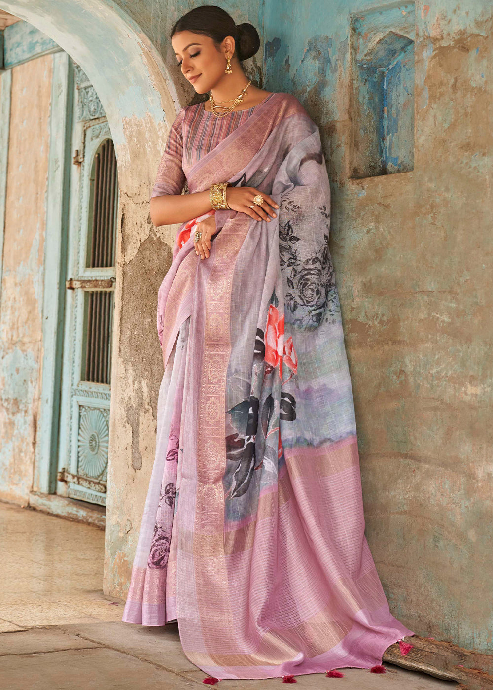 Dawn Grey and Pink  Floral Printed Linen Silk Saree