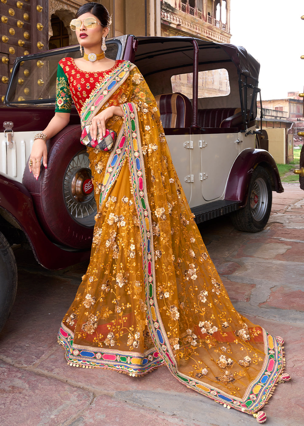 Fire Bush Yellow and Red Designer Silk Saree