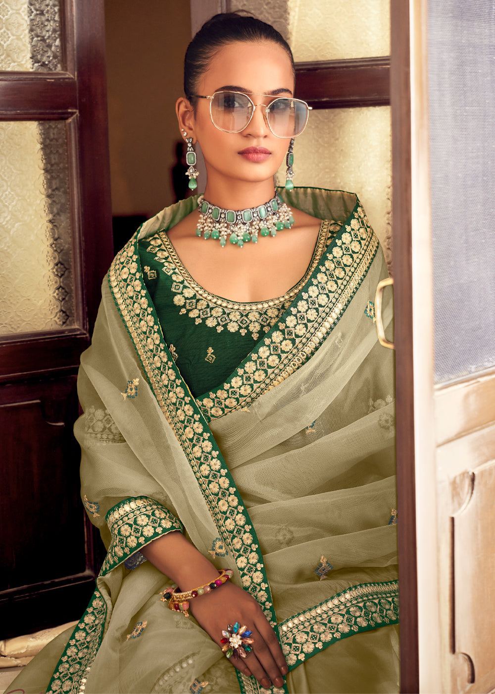 Pine Glade Green Woven Banarasi Georgette Silk Saree