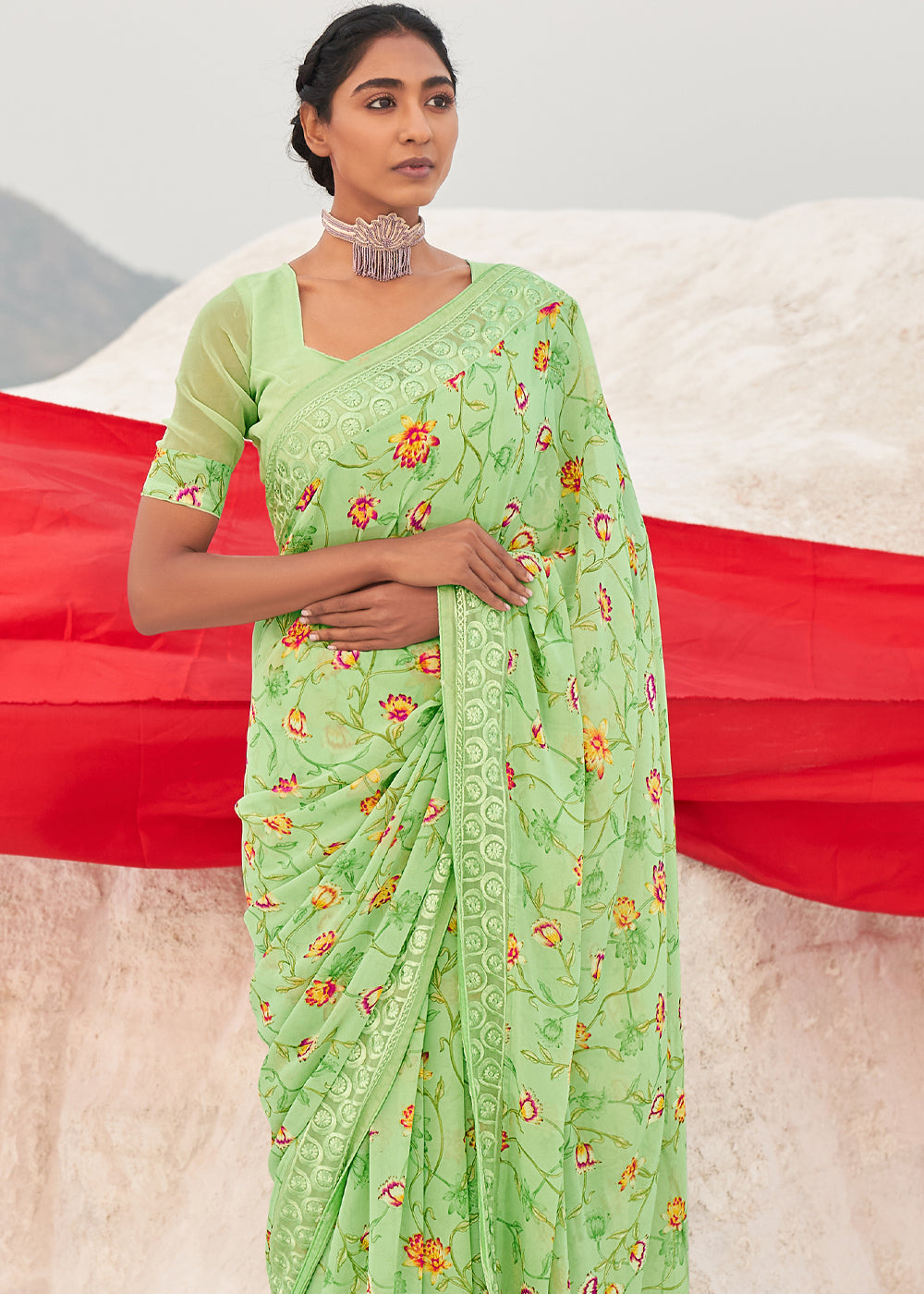 Pine Glade Green Digital Printed Chiffon Saree