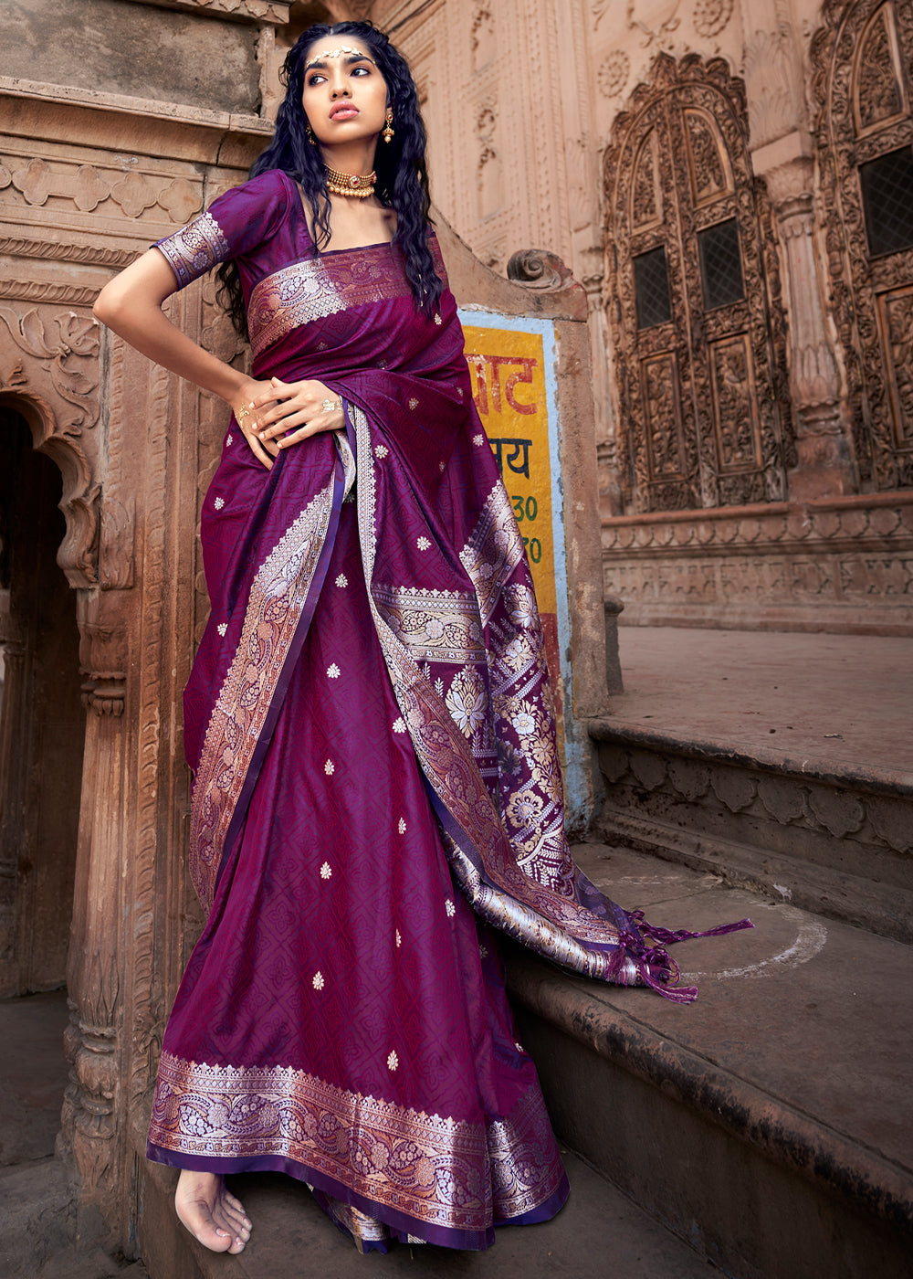 Berry Purple Woven Banarasi Satin Silk Saree