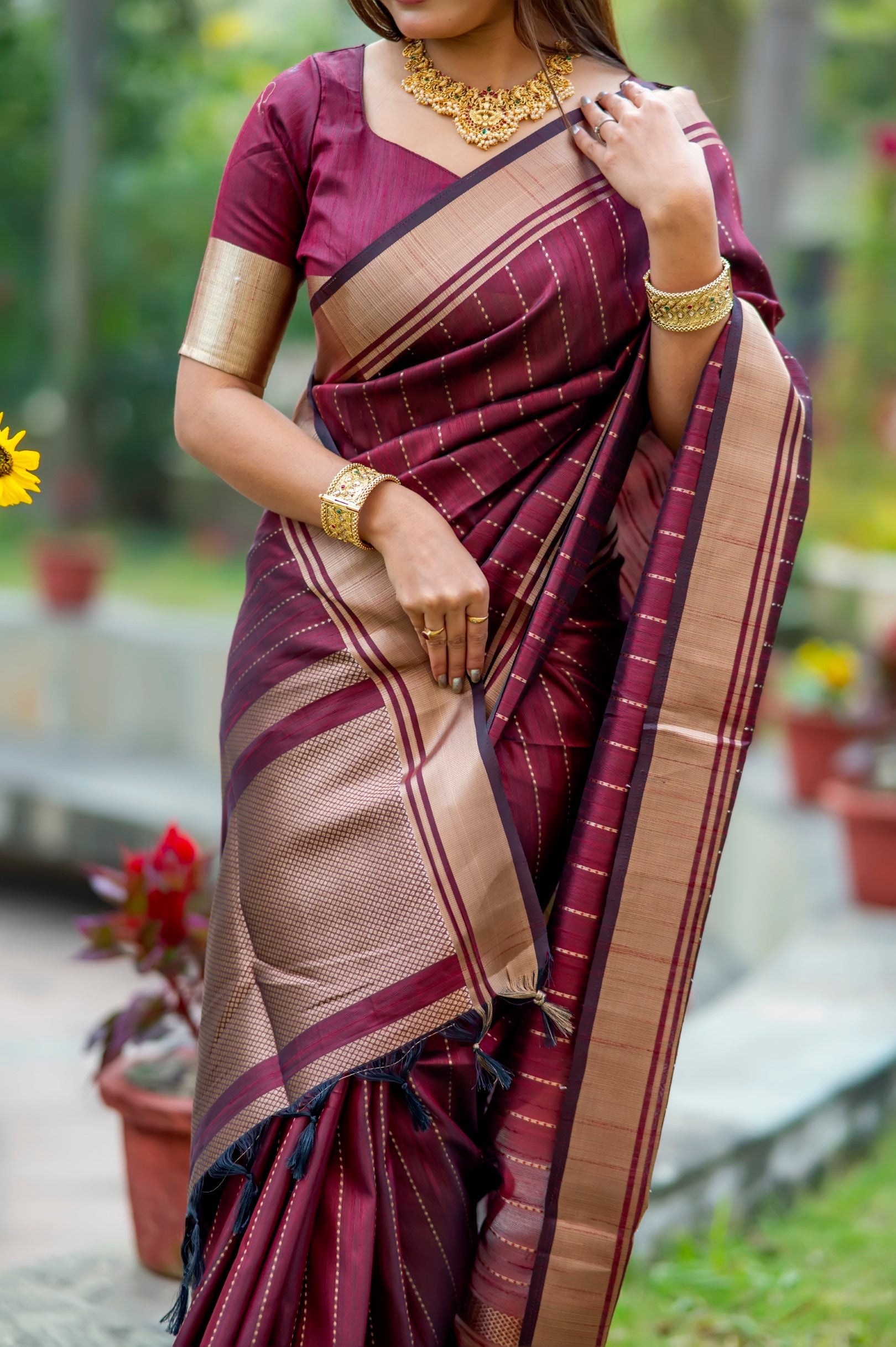 Mystic Maroon Woven Raw Silk Saree