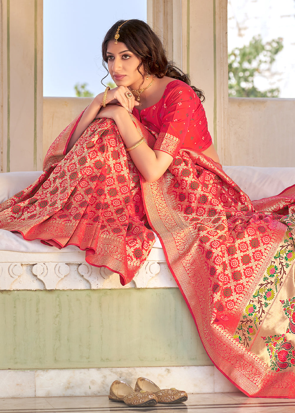 Sunset Red Zari Woven Banarasi Brocade Saree