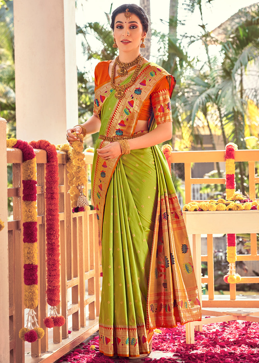 Lemon Ginger Green Woven Paithani Silk Saree