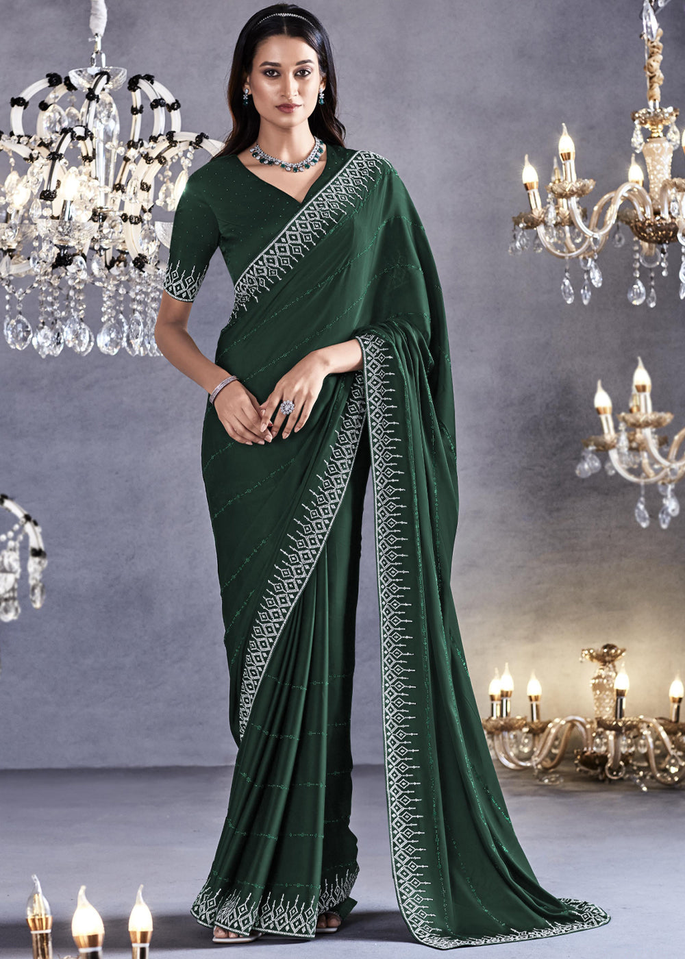 Everglade Green Woven Embroidered Satin Silk Saree