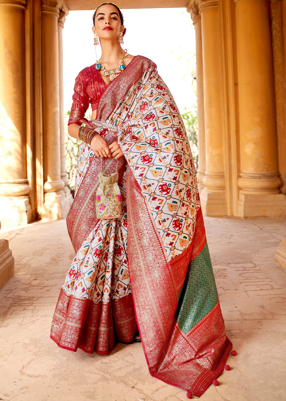 Swiss Coffee White and Red Printed Patola Saree