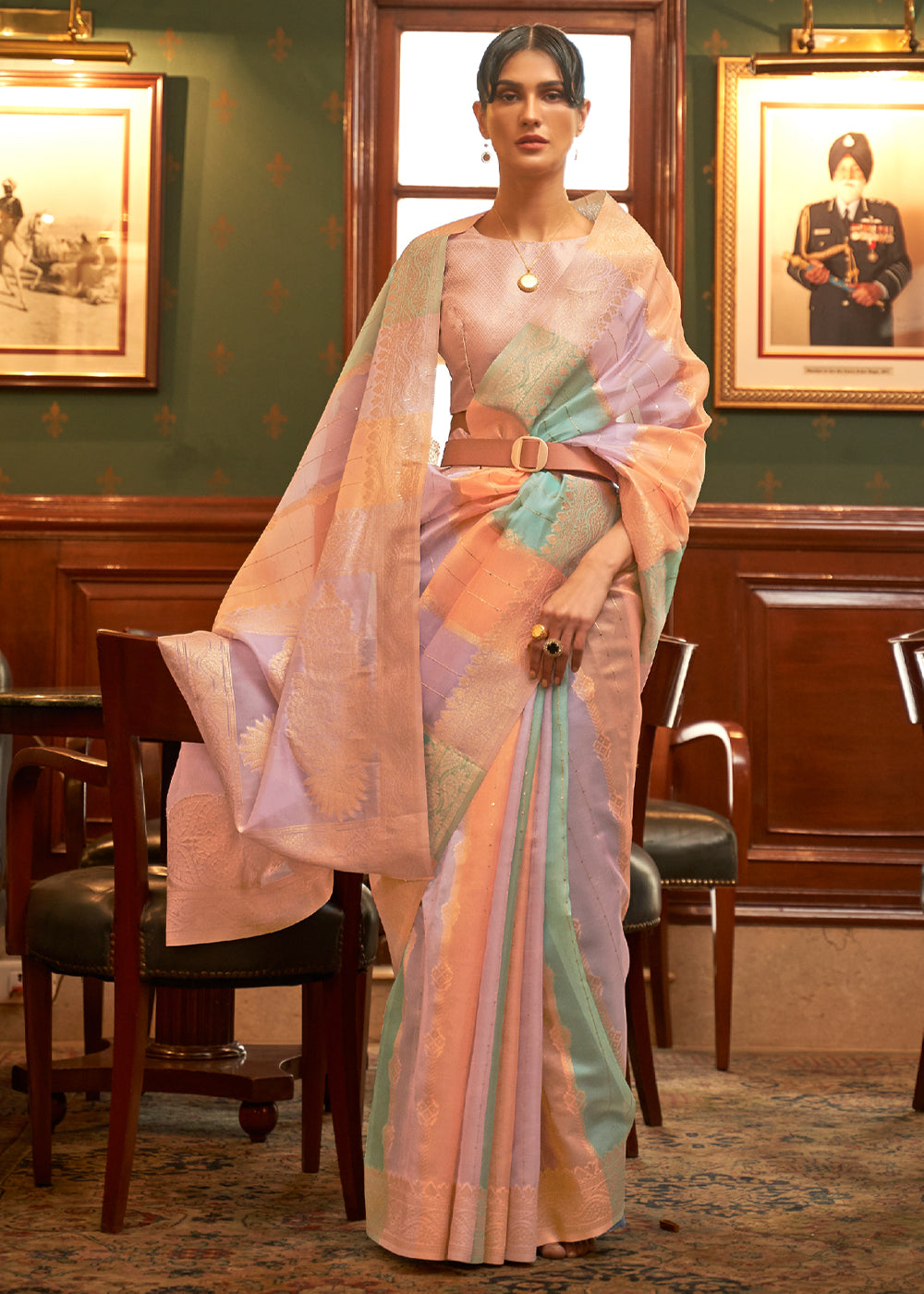 Rose Pink and Purple Zari Woven Banarasi Organza Saree