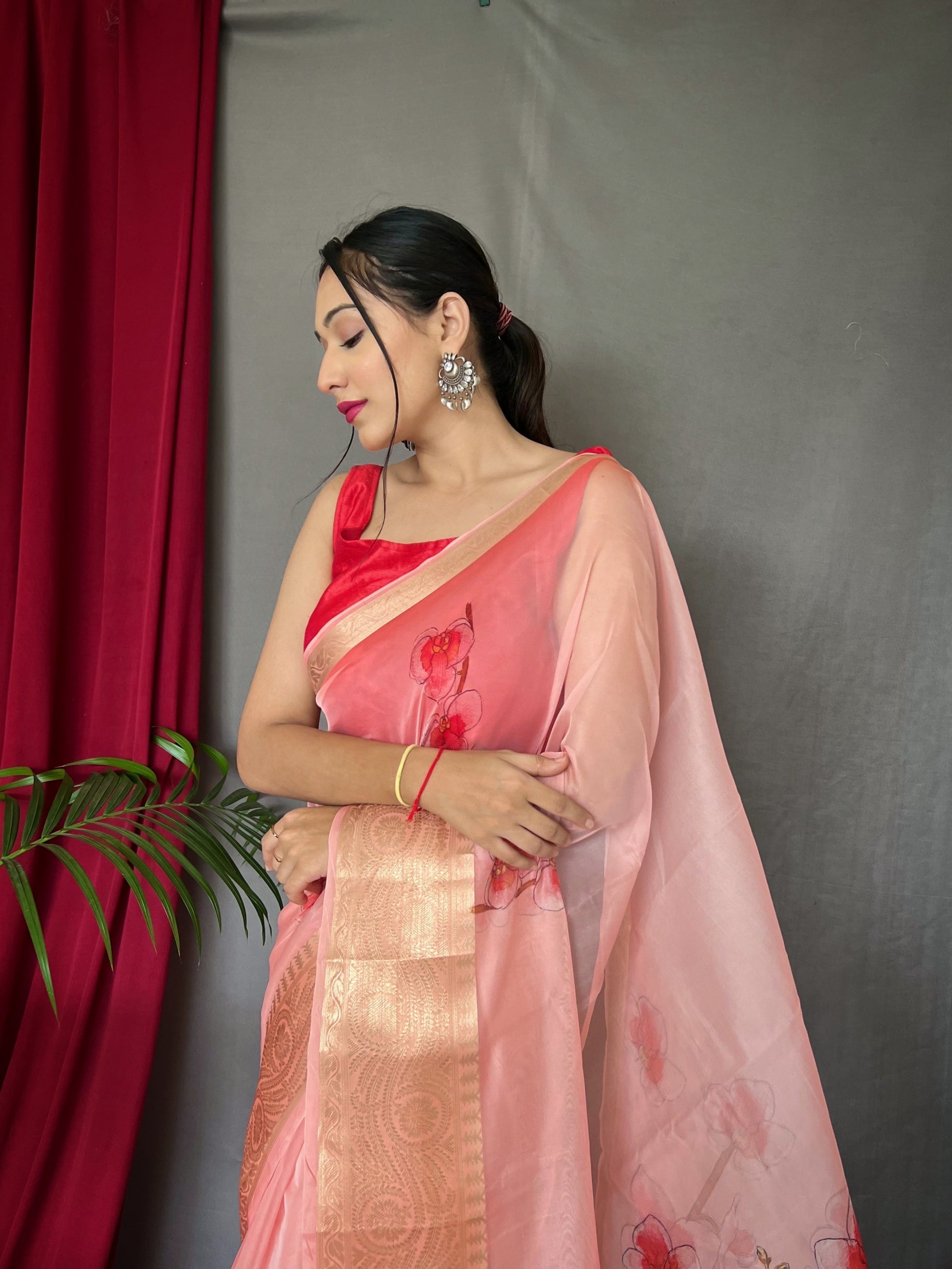 Froly Pink Organza Digital Floral Printed Saree