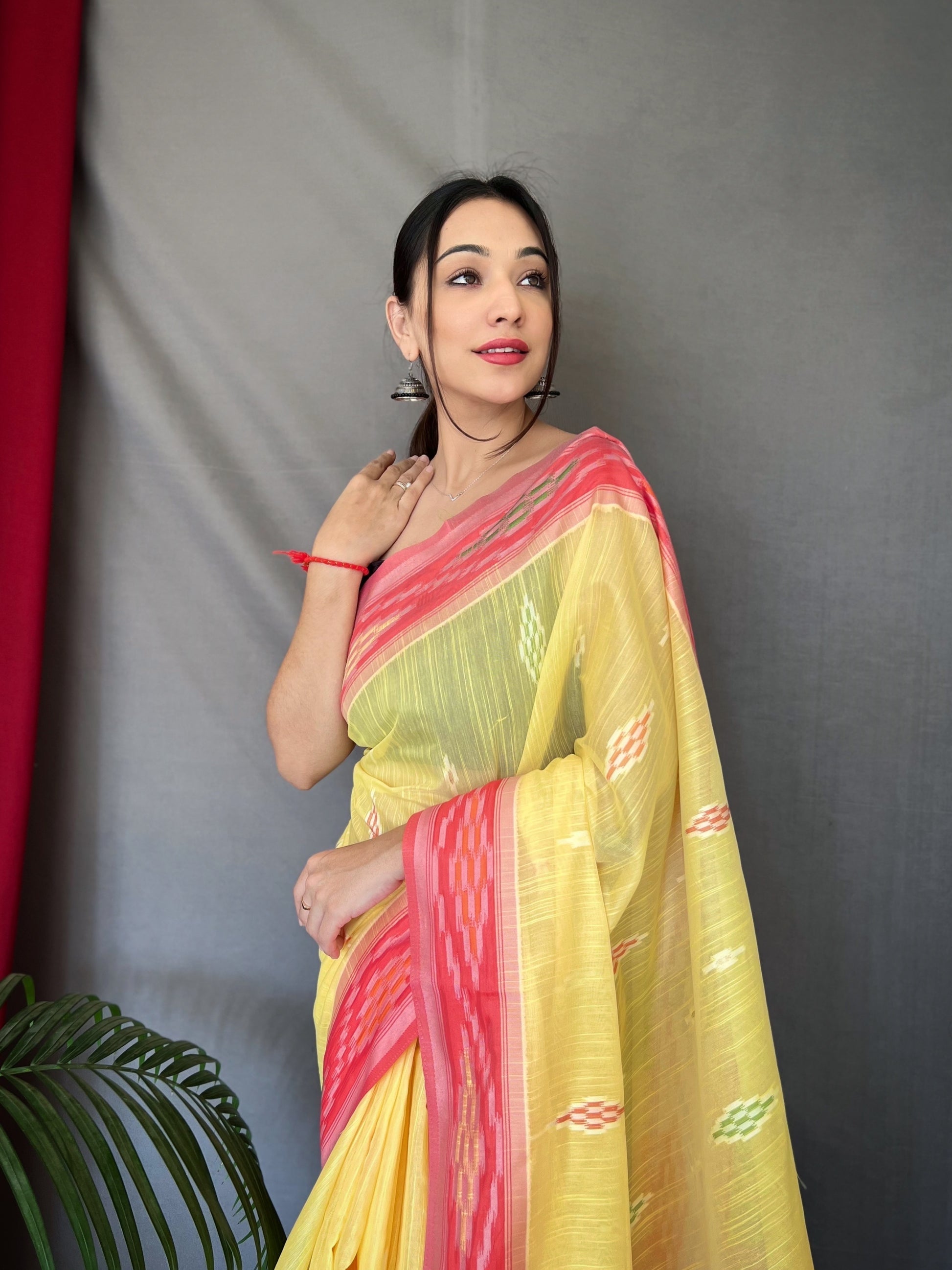 Sunset Pearl Ikat Woven Cotton Silk Saree