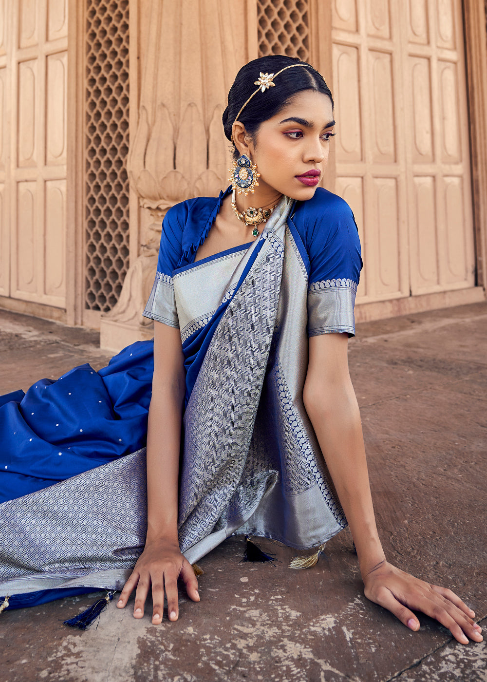 Torea Bay Blue Woven Banarasi Satin Silk Saree