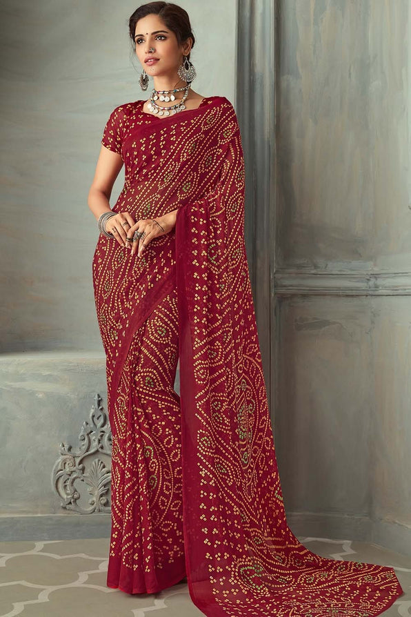 Crown Brown Chiffon Bandhani Printed Saree