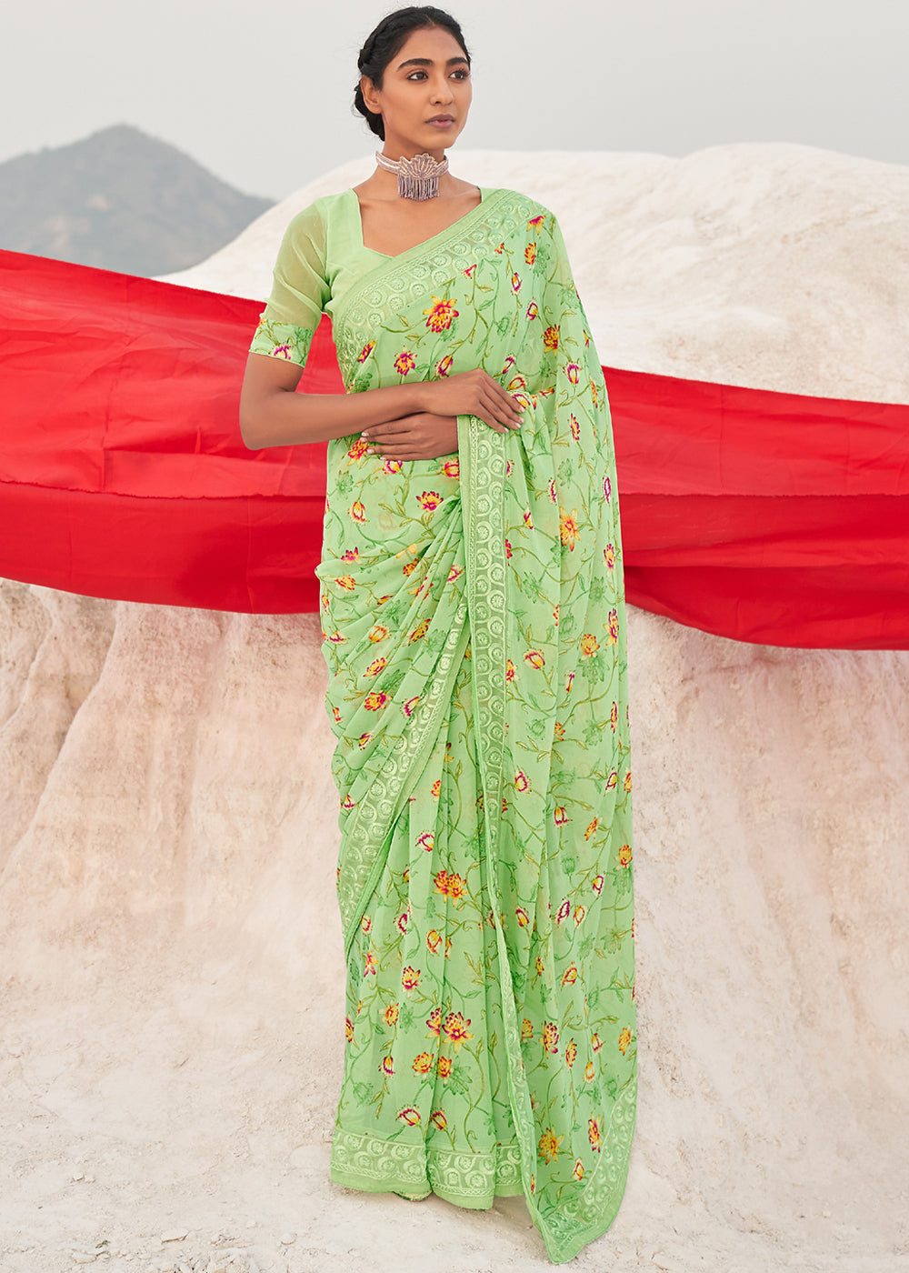 Pine Glade Green Digital Printed Chiffon Saree