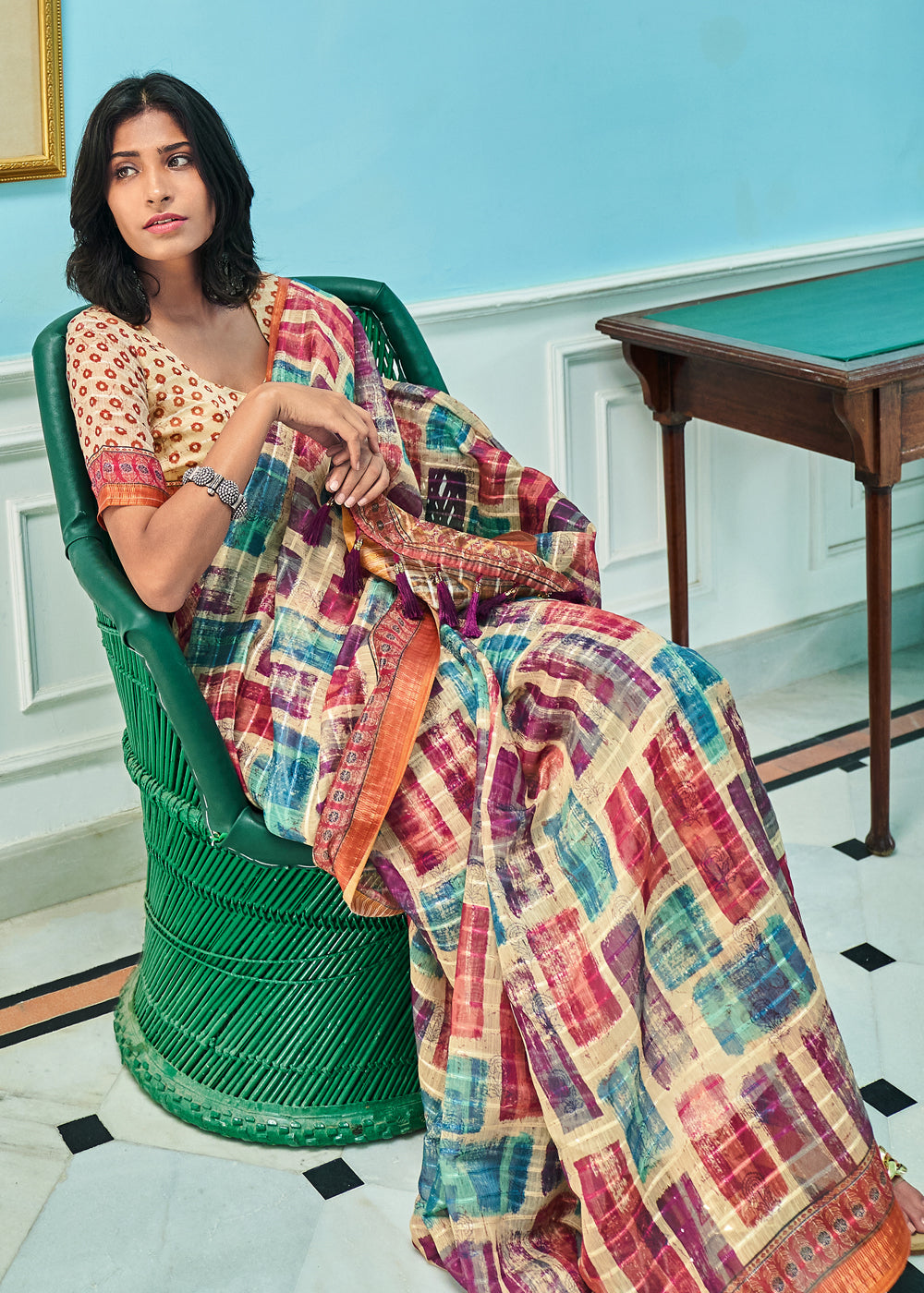 Tan Cream Multicolor Printed Linen Saree