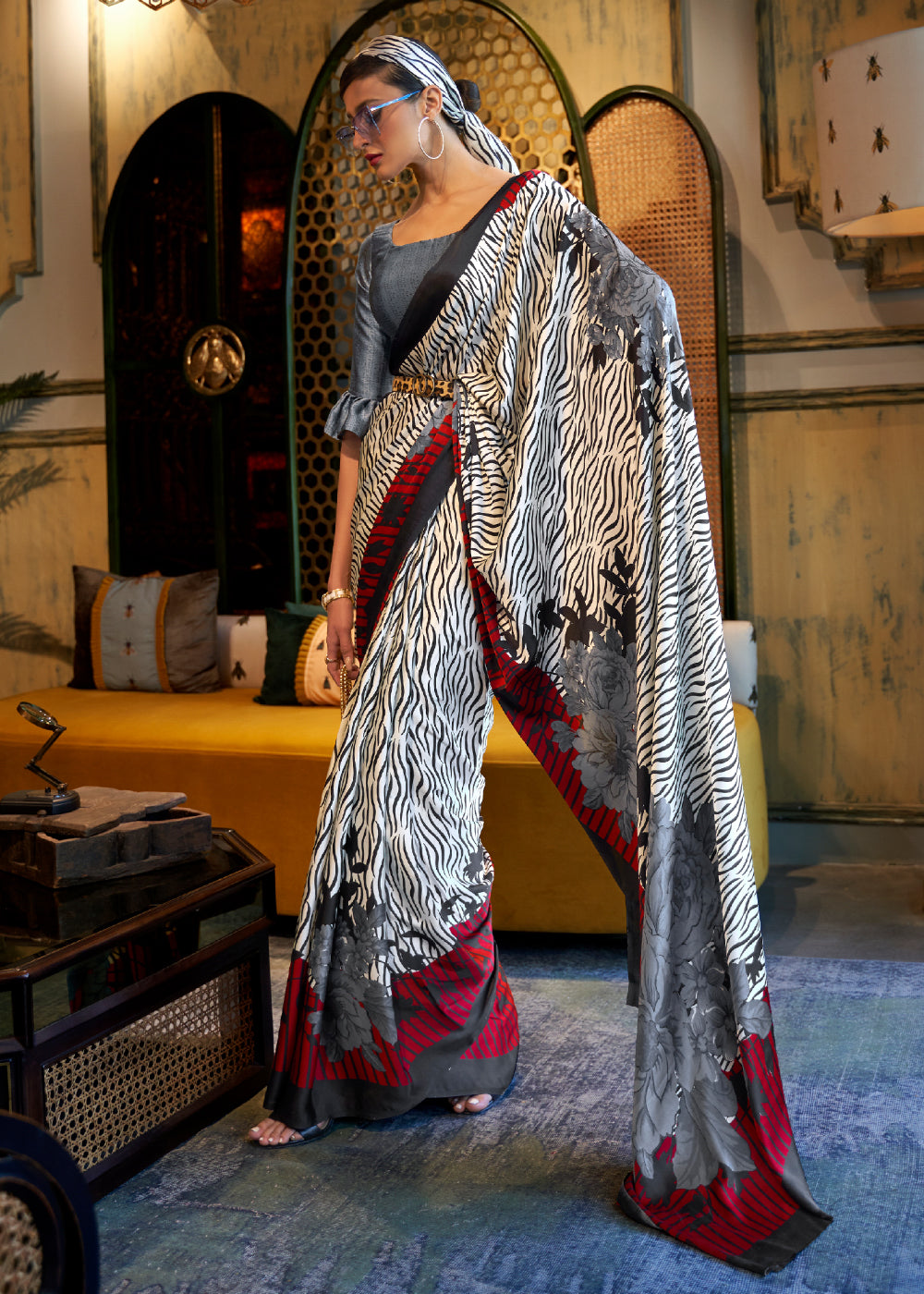 Stack White and Maroon Printed Satin Silk Saree