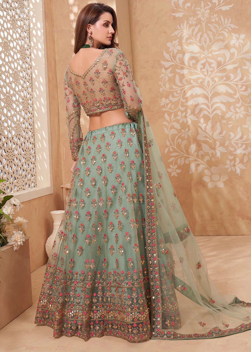 Envy Green Designer Net Lehenga with Multi Thread Embroidery Work