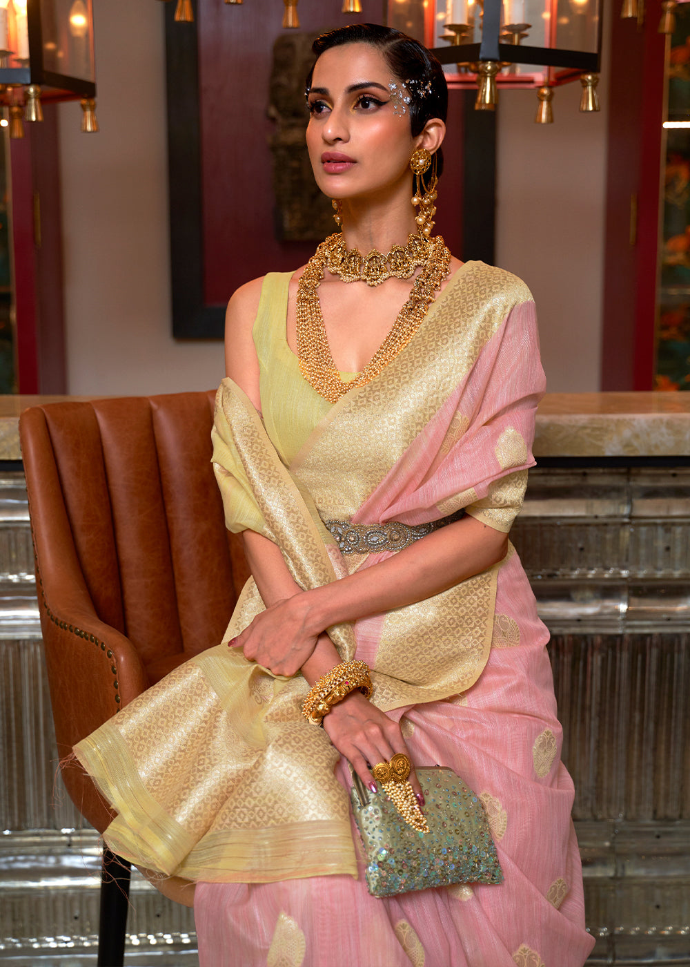 Pink Salmon and Yellow Zari Woven Linen Saree