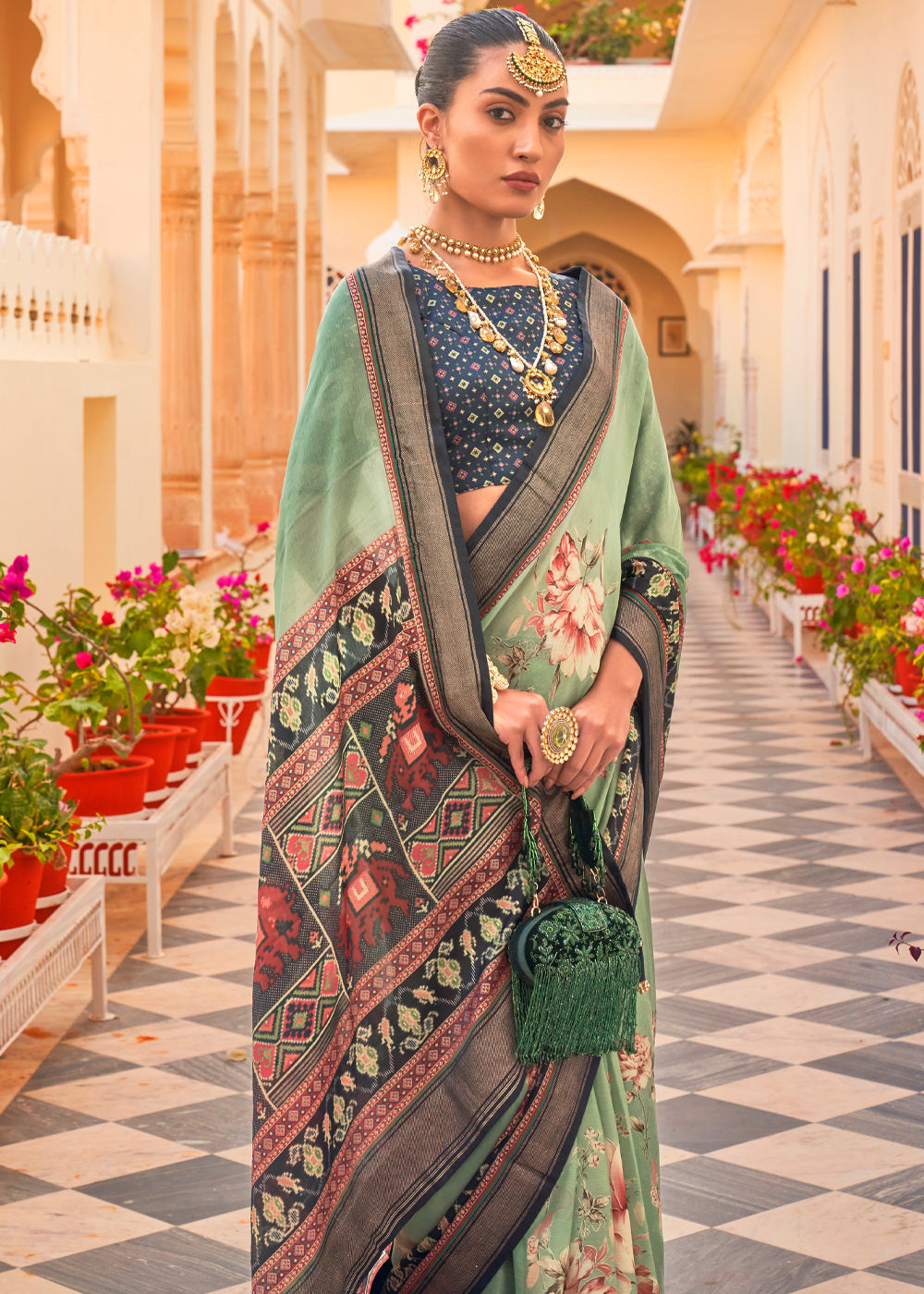 Sage Green Printed Chiffon Patola Silk Saree