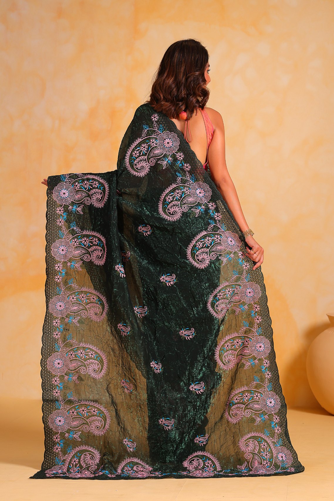 Charleston Green Embroidered Georgette Saree