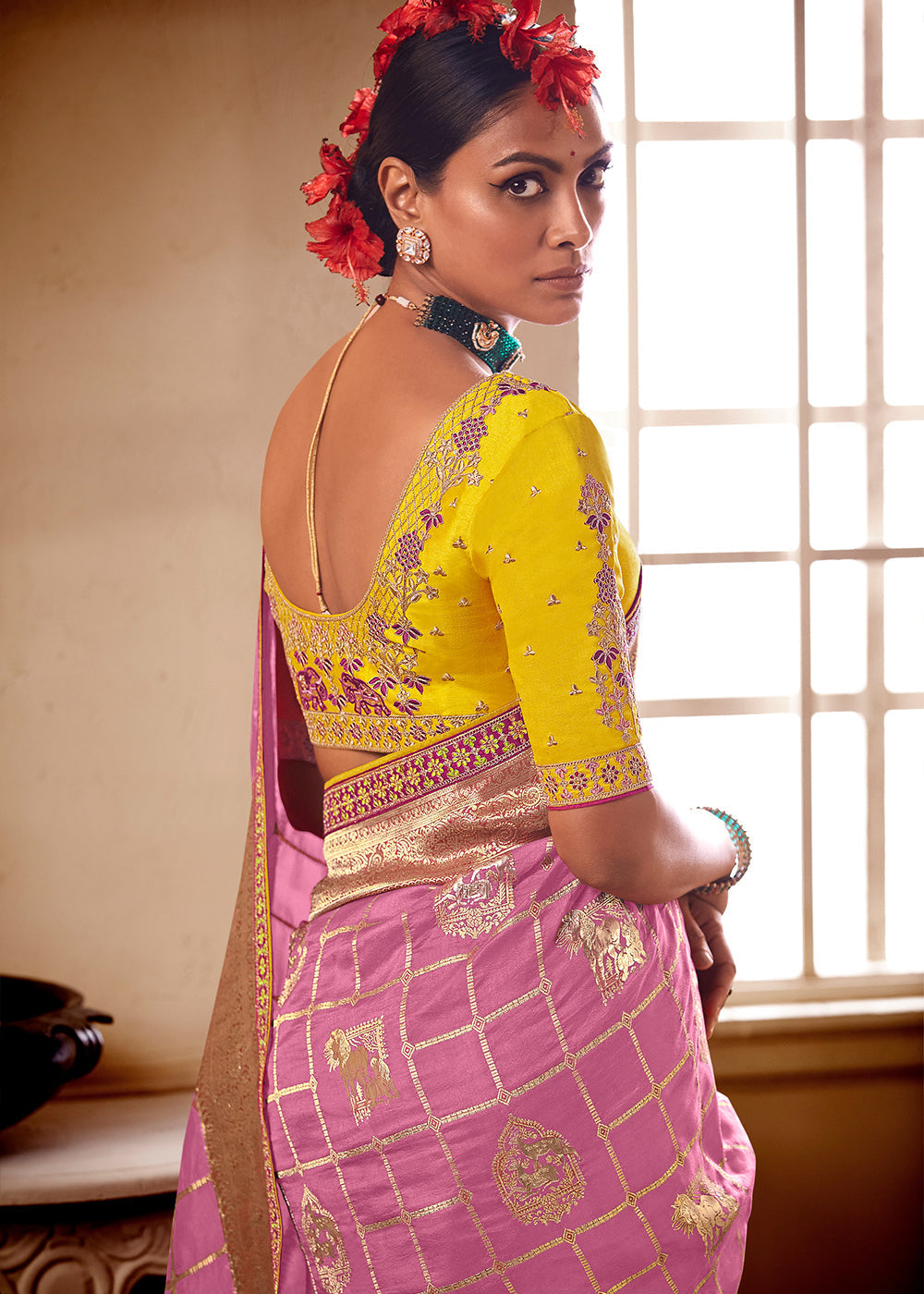 Hopbush Pink and Yellow Banarasi Saree with Designer Blouse