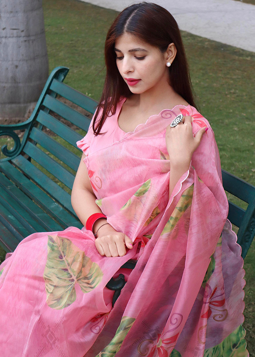 Bubble Gum Pink Digital Floral Print Organza Saree